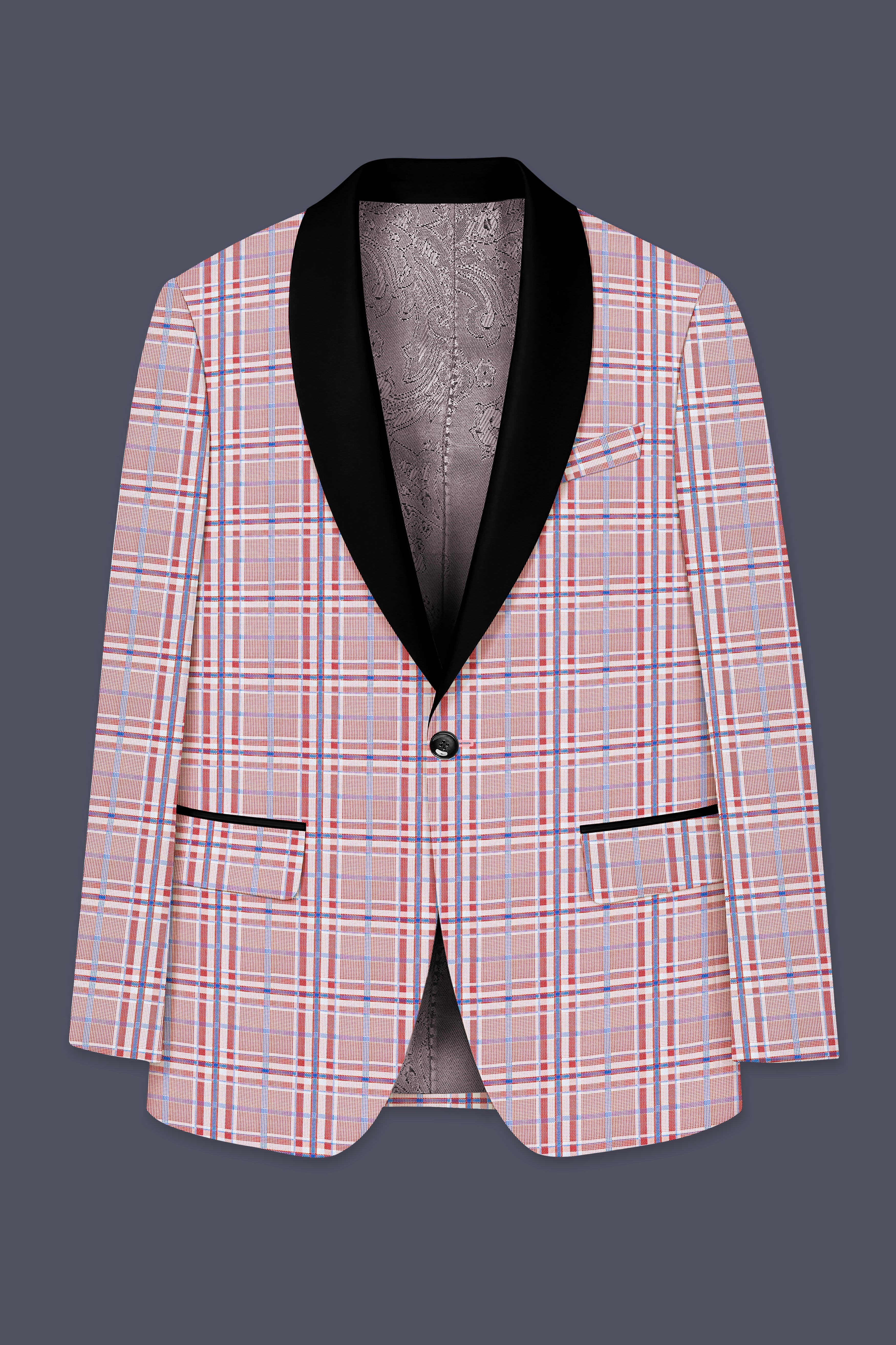 Velour-Turkish Rose Pink And Wild Blue Plaid Wool Rich Tuxedo Blazer