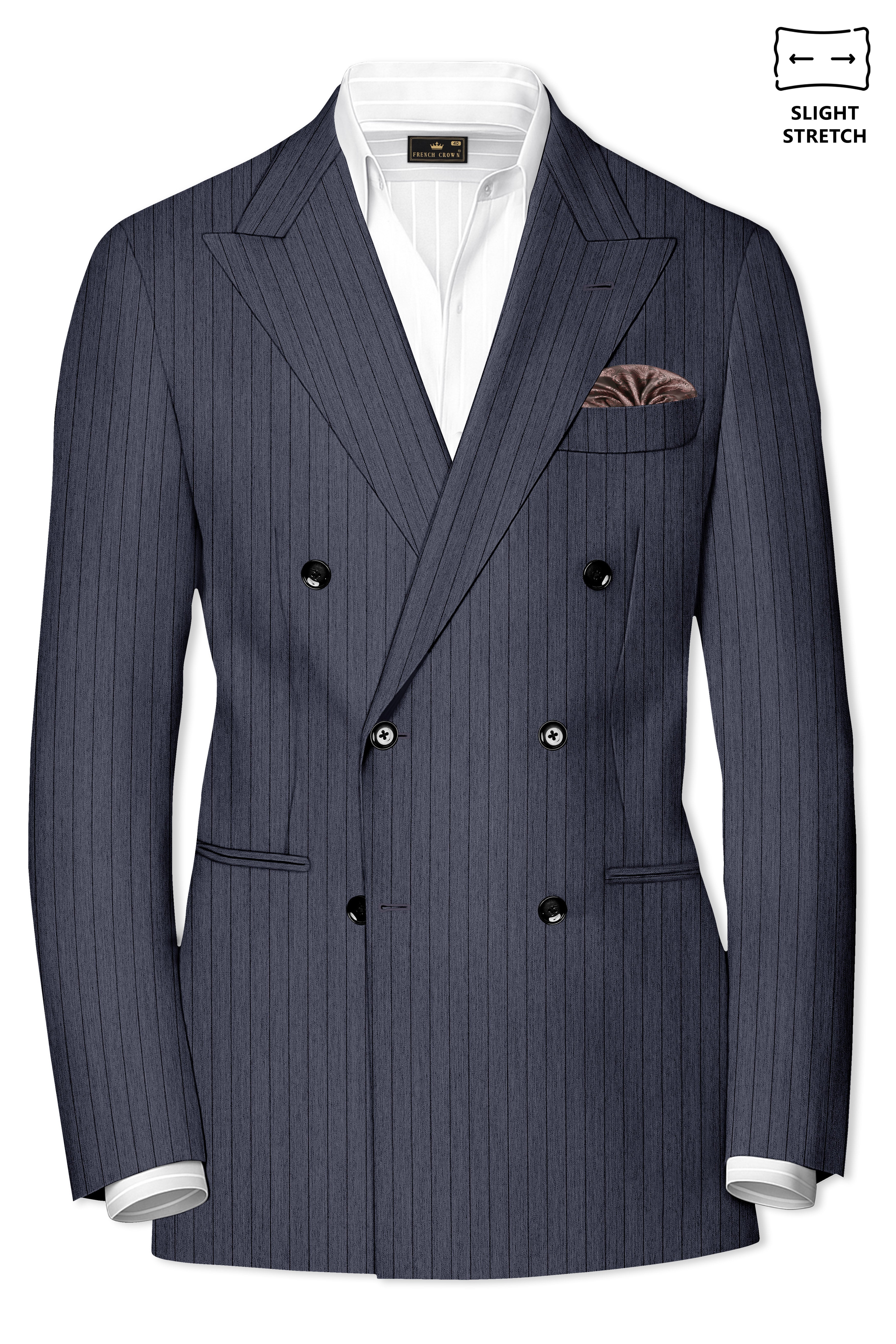 Azurion-Ninja Blue Pin Striped Wool Rich Slight Stretch Double Breasted Blazer