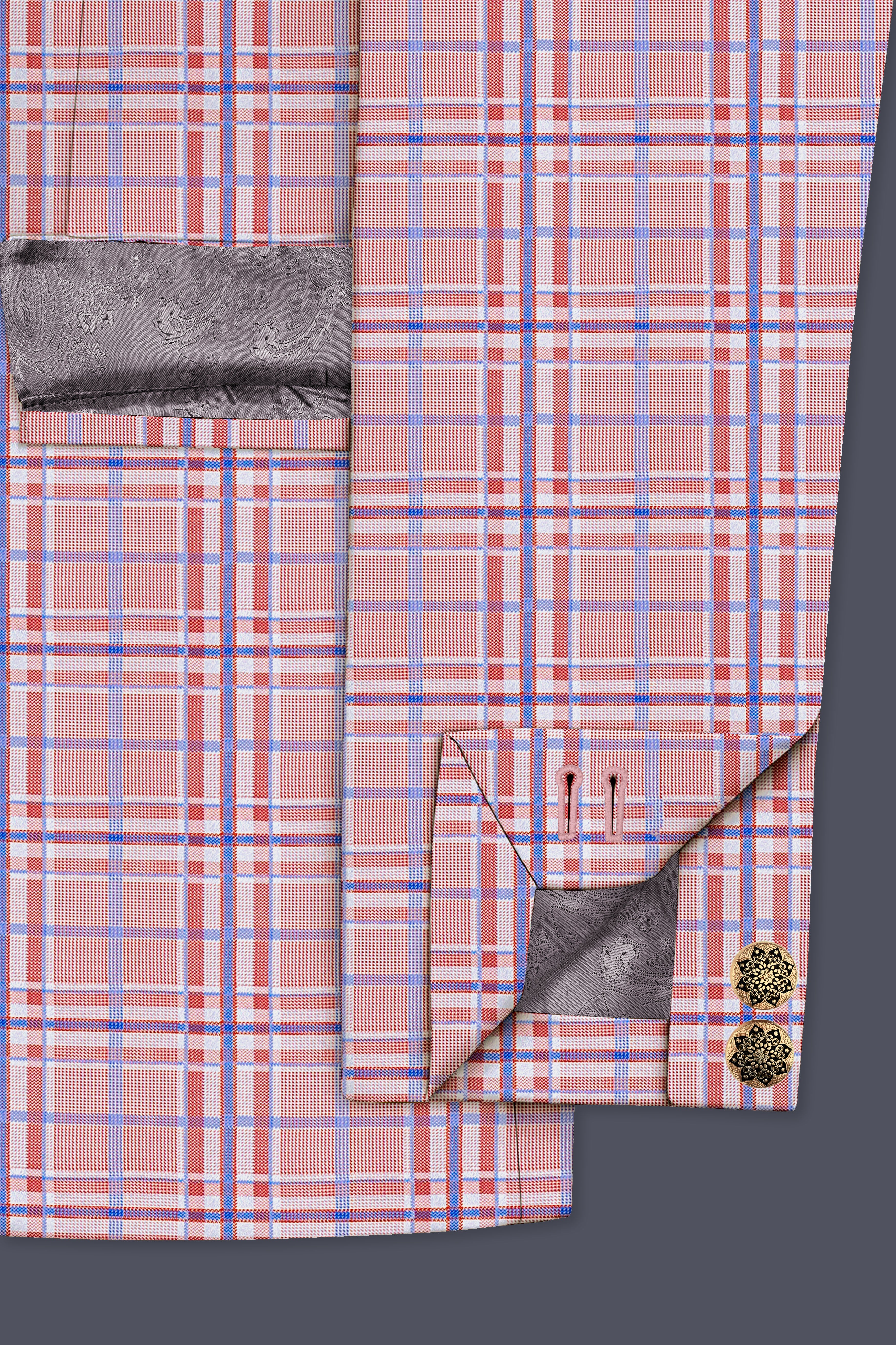 Velour-Turkish Rose Pink And Wild Blue Plaid Wool Rich  Bandhgala Blazer