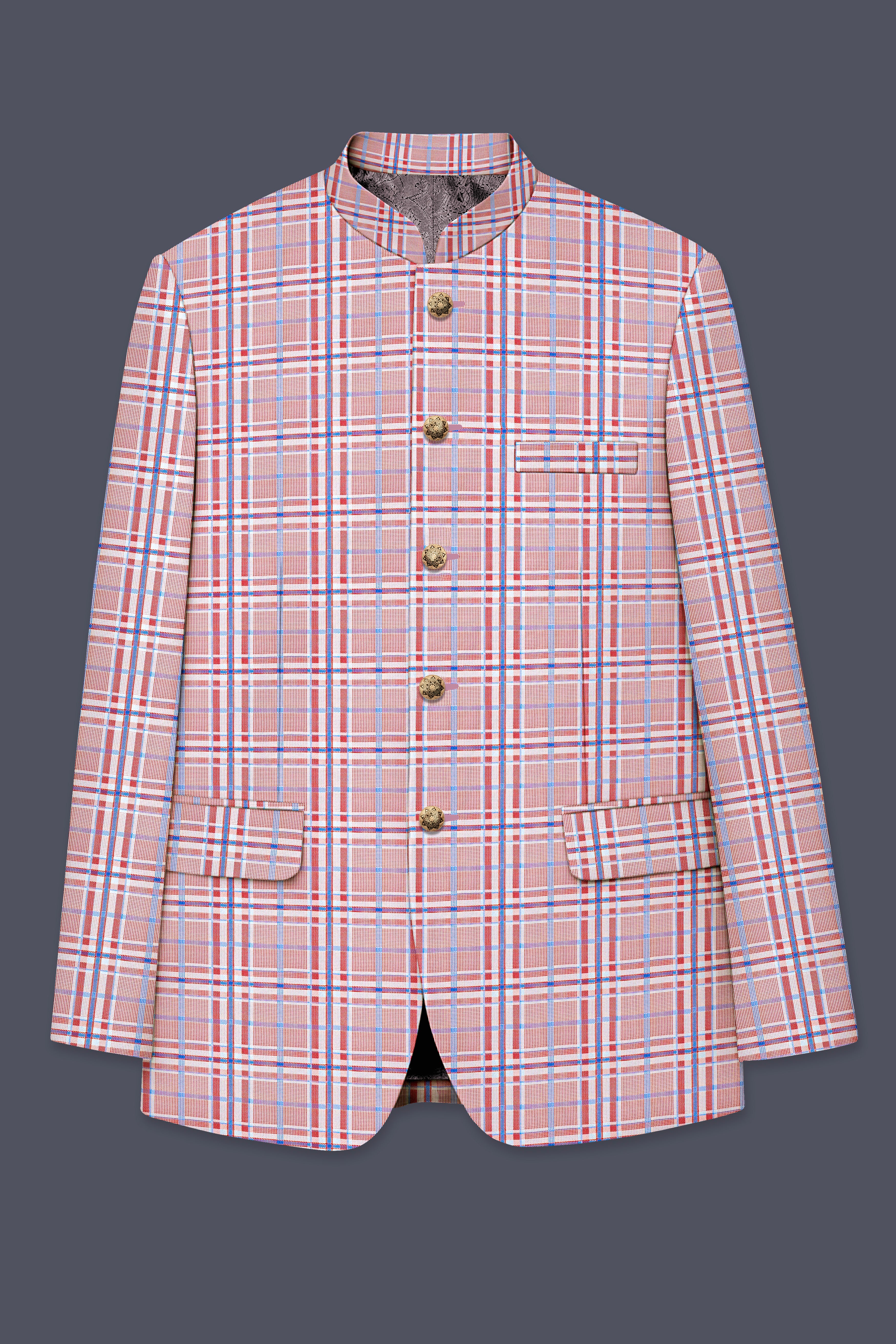 Velour-Turkish Rose Pink And Wild Blue Plaid Wool Rich  Bandhgala Blazer