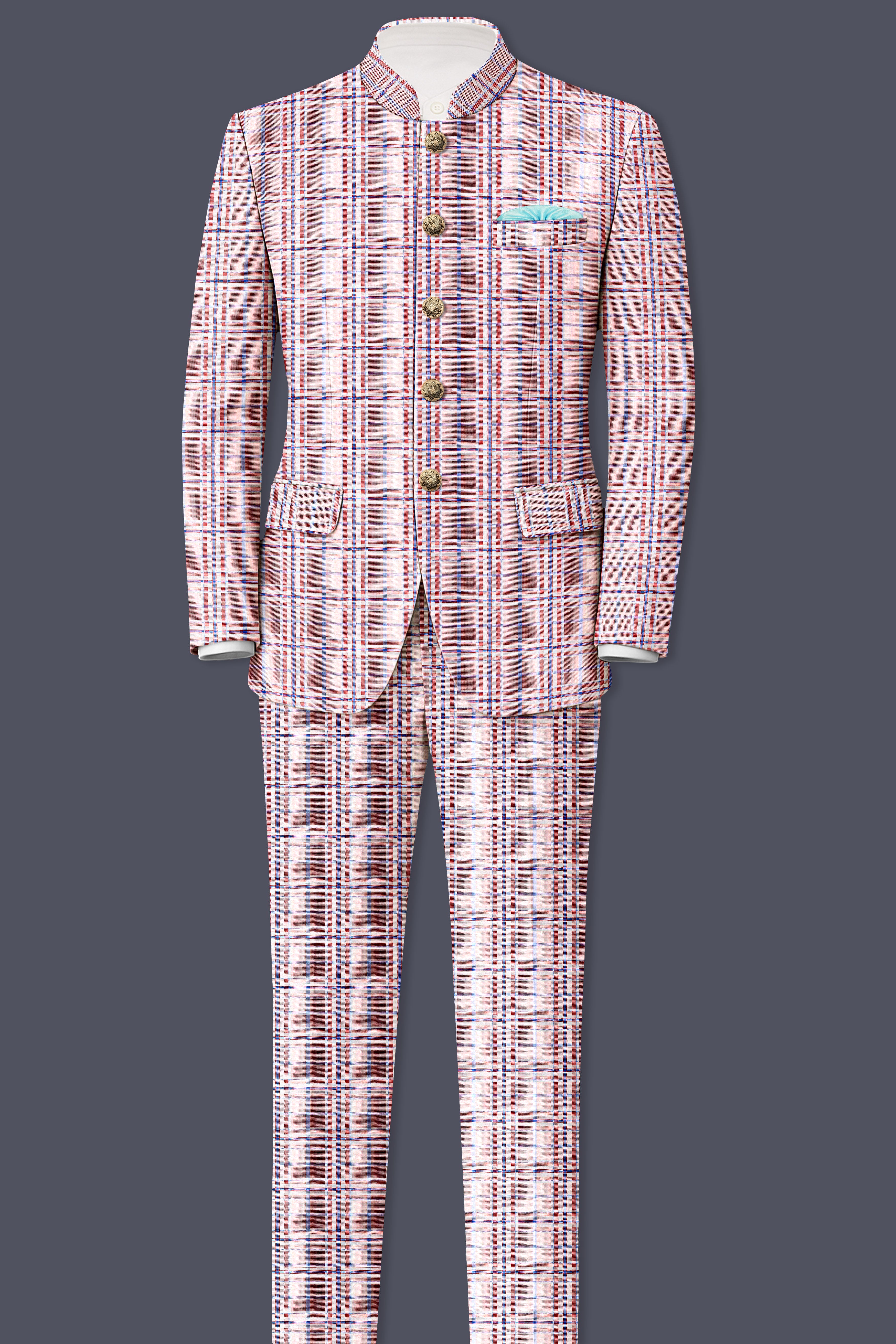 Velour-Turkish Rose Pink And Wild Blue Plaid Wool Rich  Bandhgala Blazer