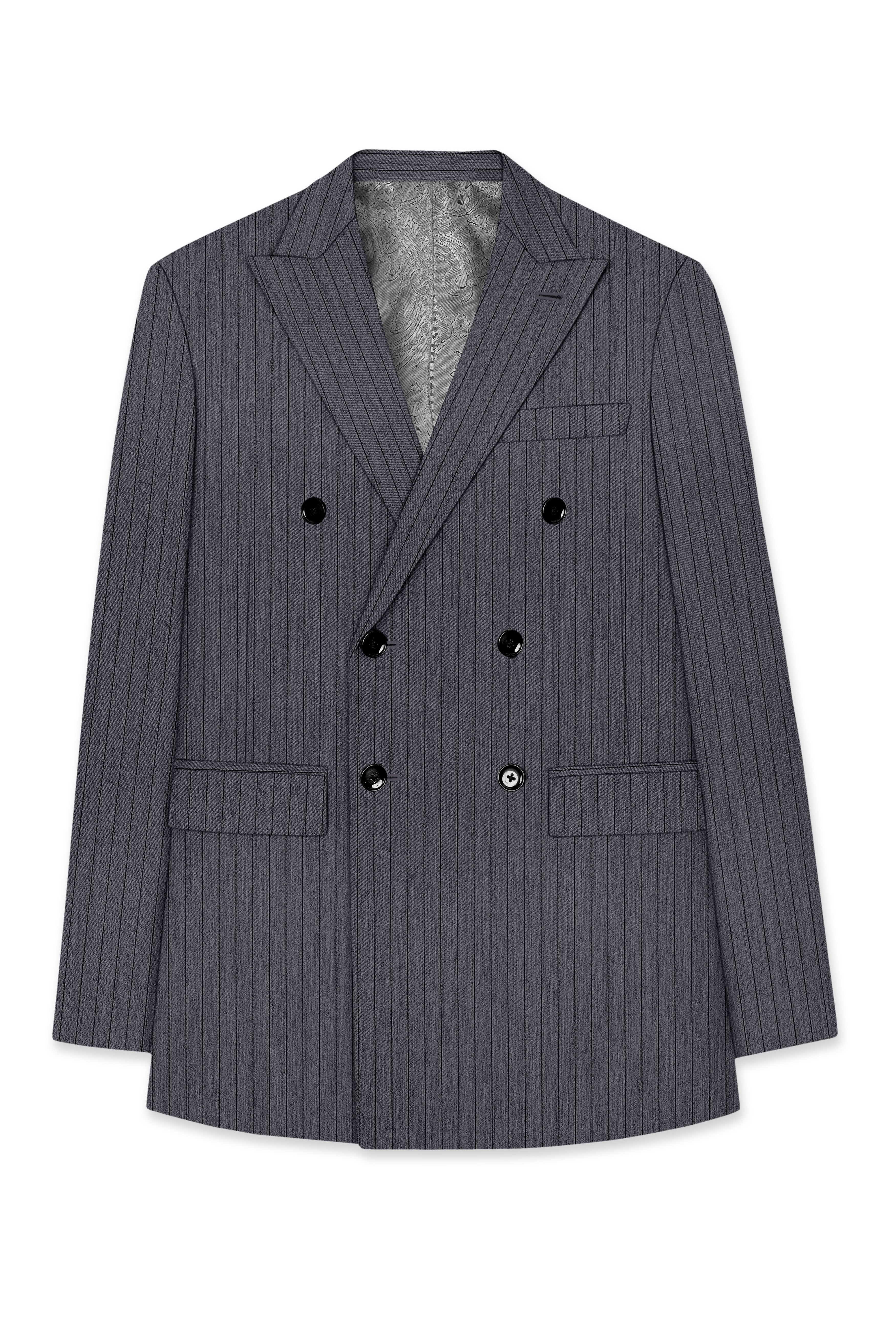 Noctaro-Vampire Gray Pin Striped Wool Rich Slight Stretch Double Breasted Blazer