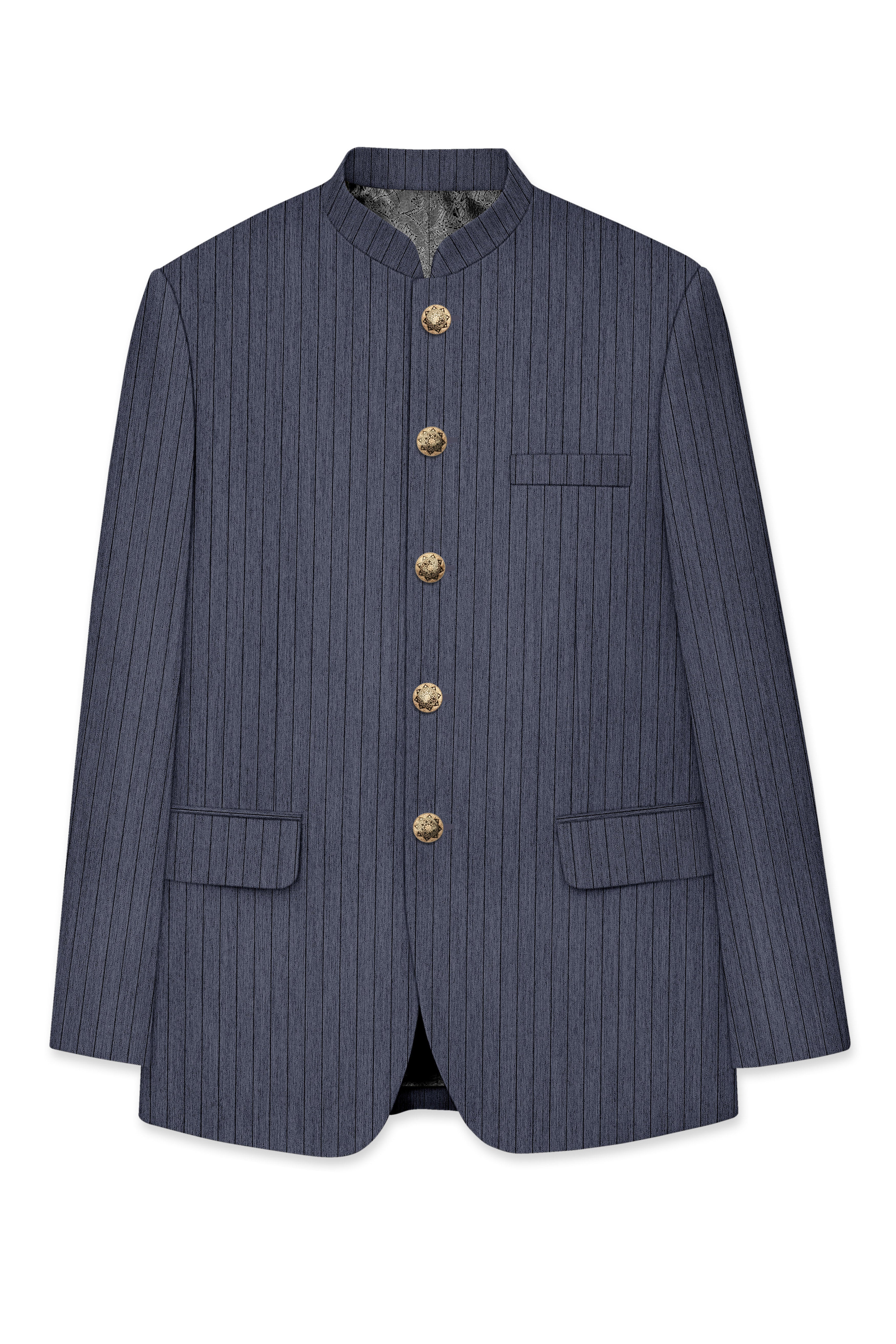 Azurion-Ninja Blue Pin Striped Wool Rich Slight Stretch Bandhgala Blazer
