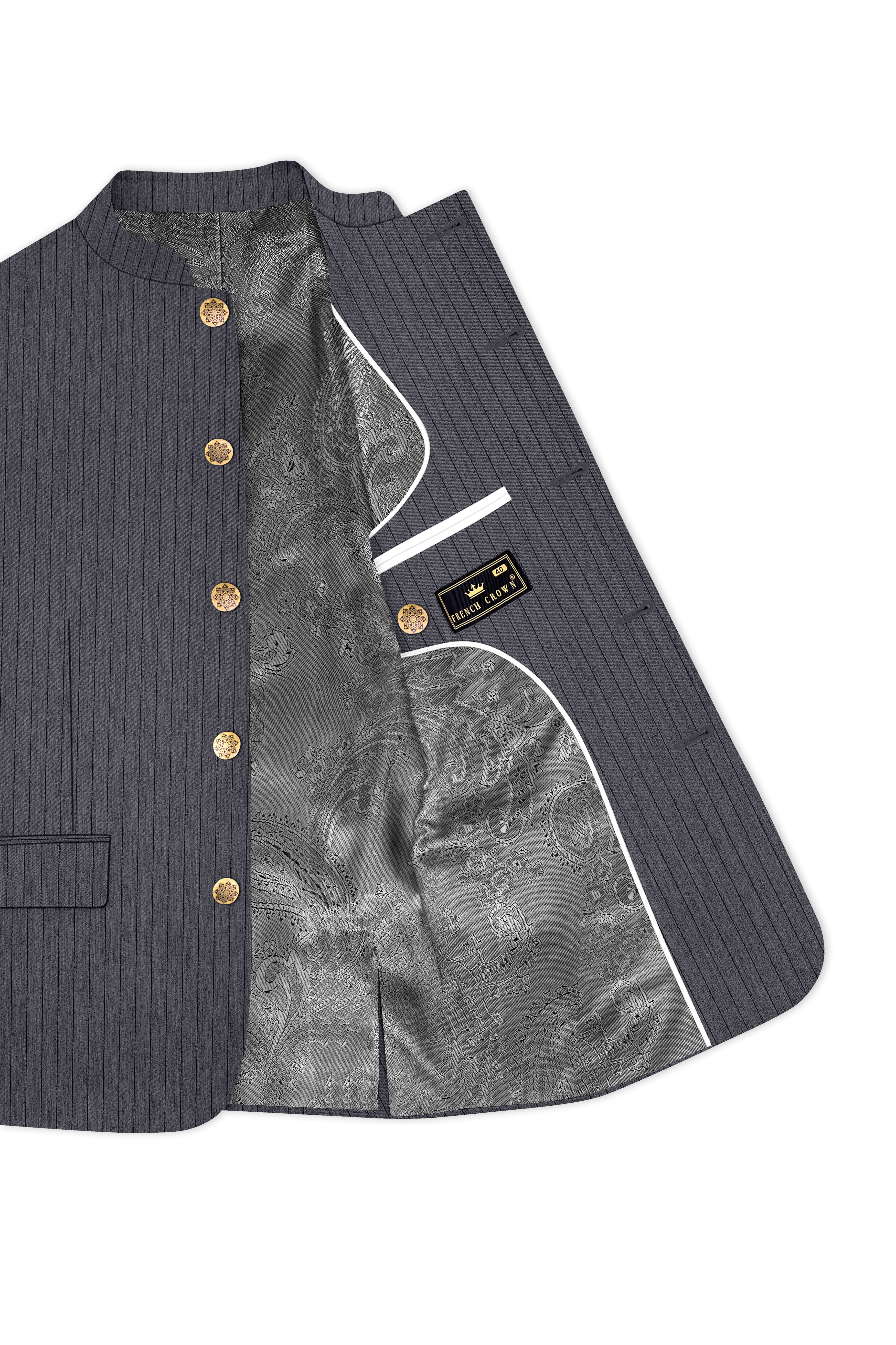 Noctaro-Vampire Gray Pin Striped Wool Rich Slight Stretch Bandhgala Blazer