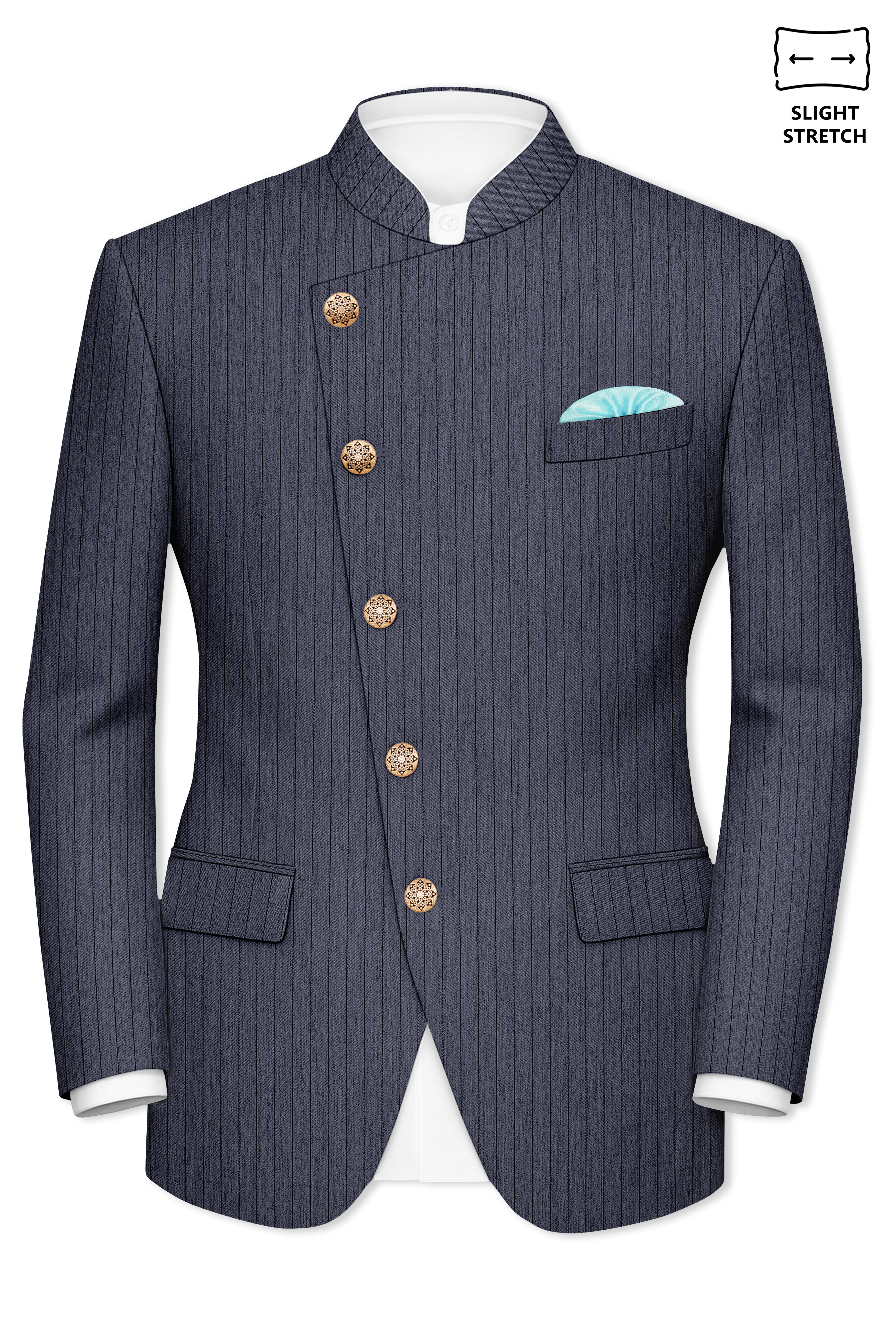 Azurion-Ninja Blue Pin Striped Wool Rich Cross Placket Bandhgala Slight Stretch Blazer