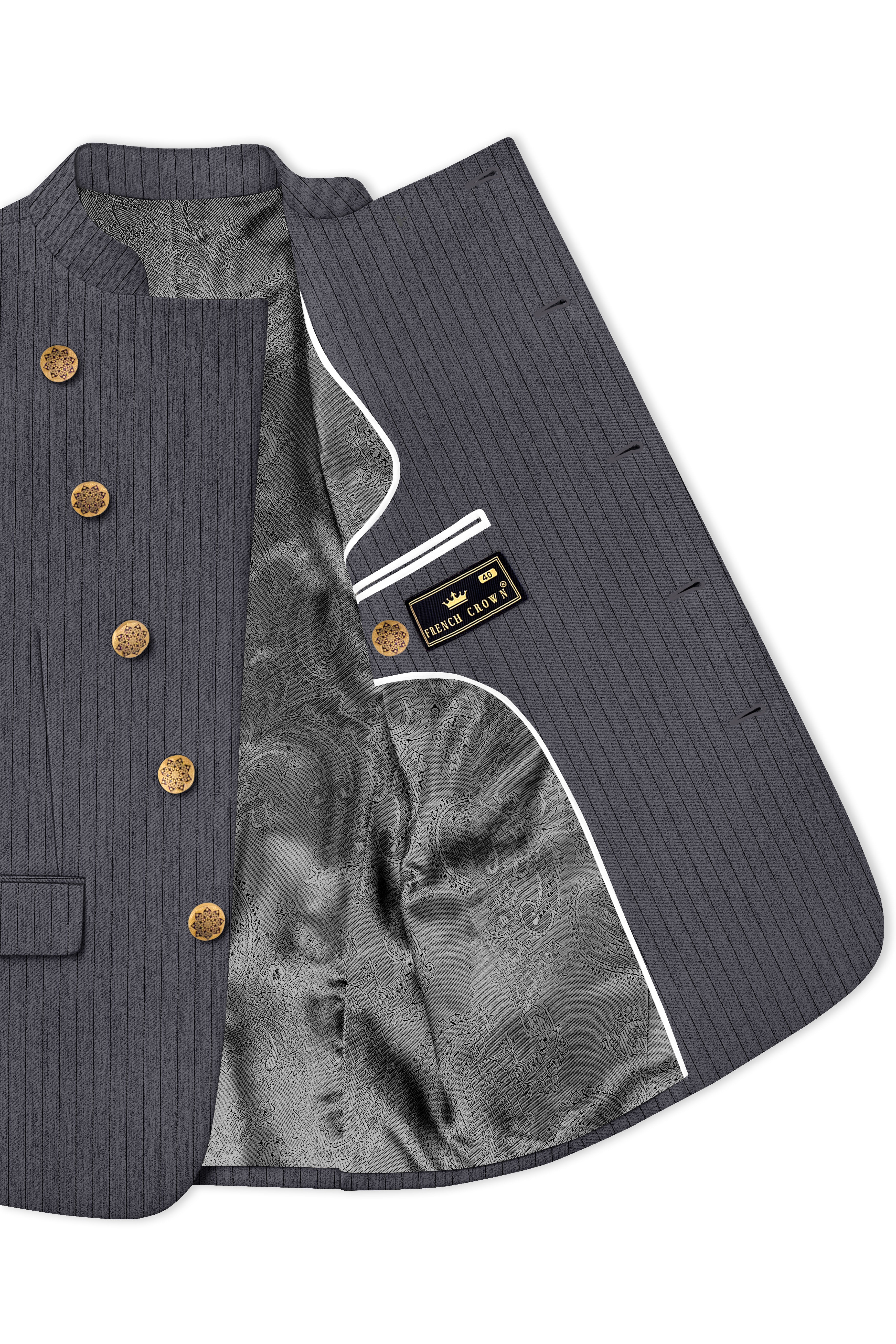 Noctaro-Vampire Gray Pin Striped Wool Rich Cross Placket Bandhgala Slight Stretch Blazer