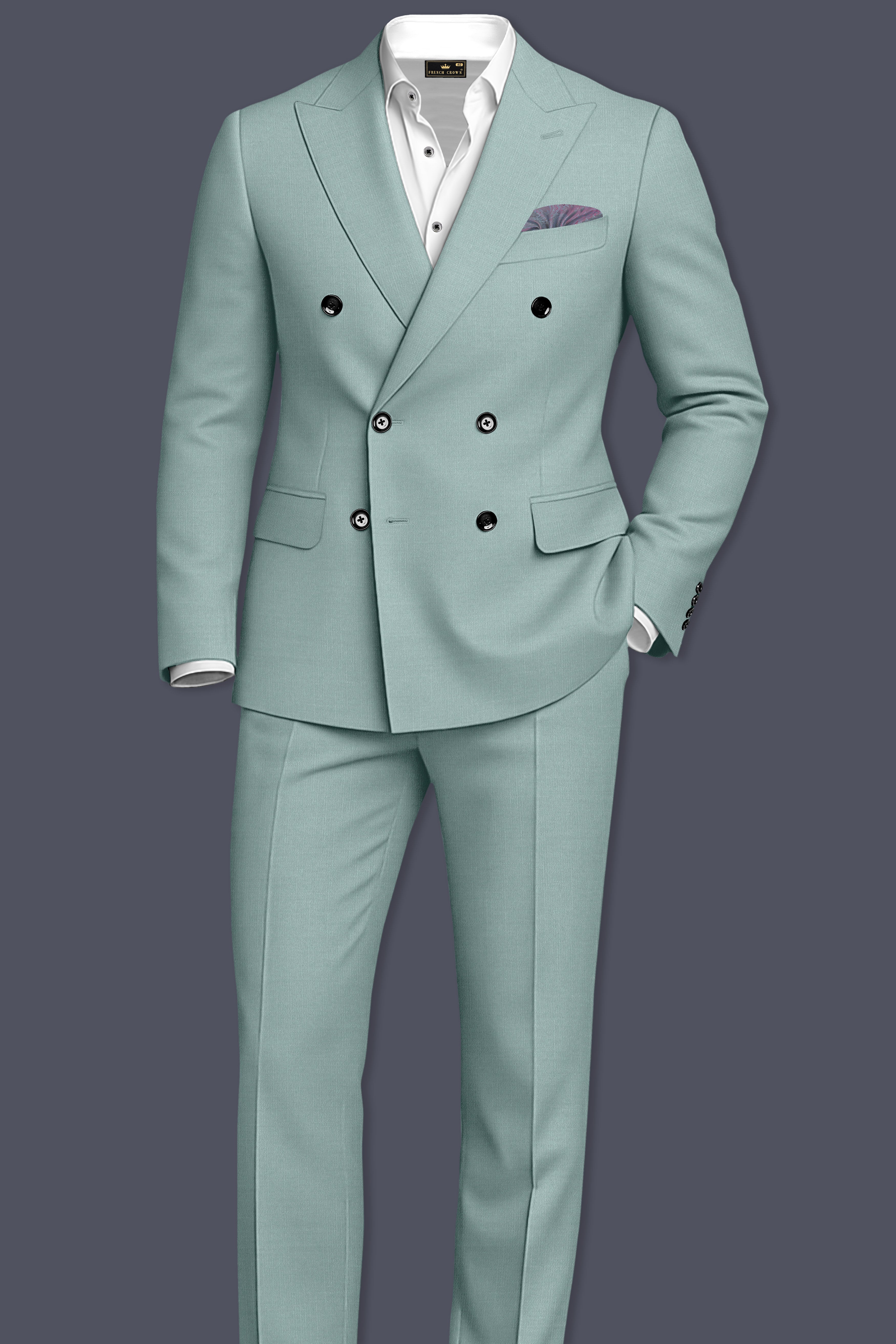 Tropic-Cadet Green Wool Rich Slight Stretch Double Breasted Blazer