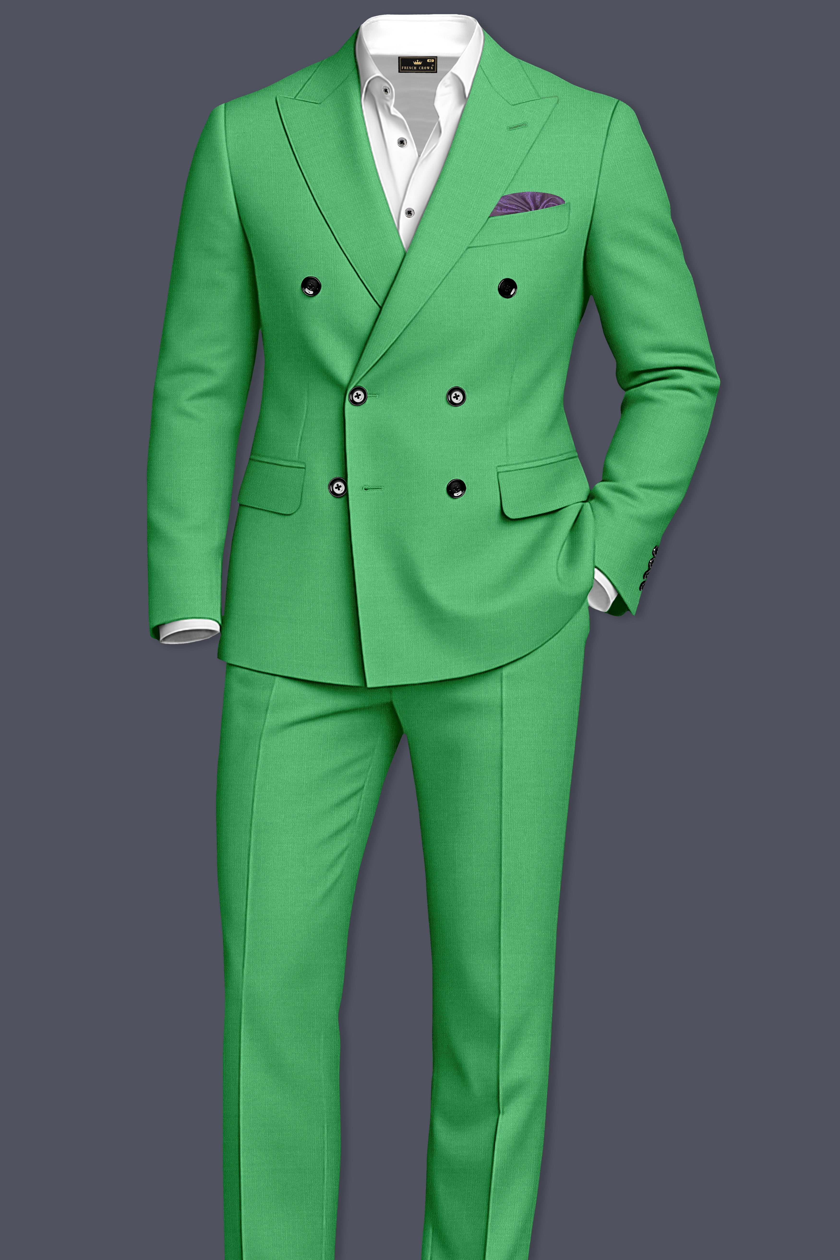 Baron-Chateau Green Wool Rich Slight Stretch Double Breasted Blazer