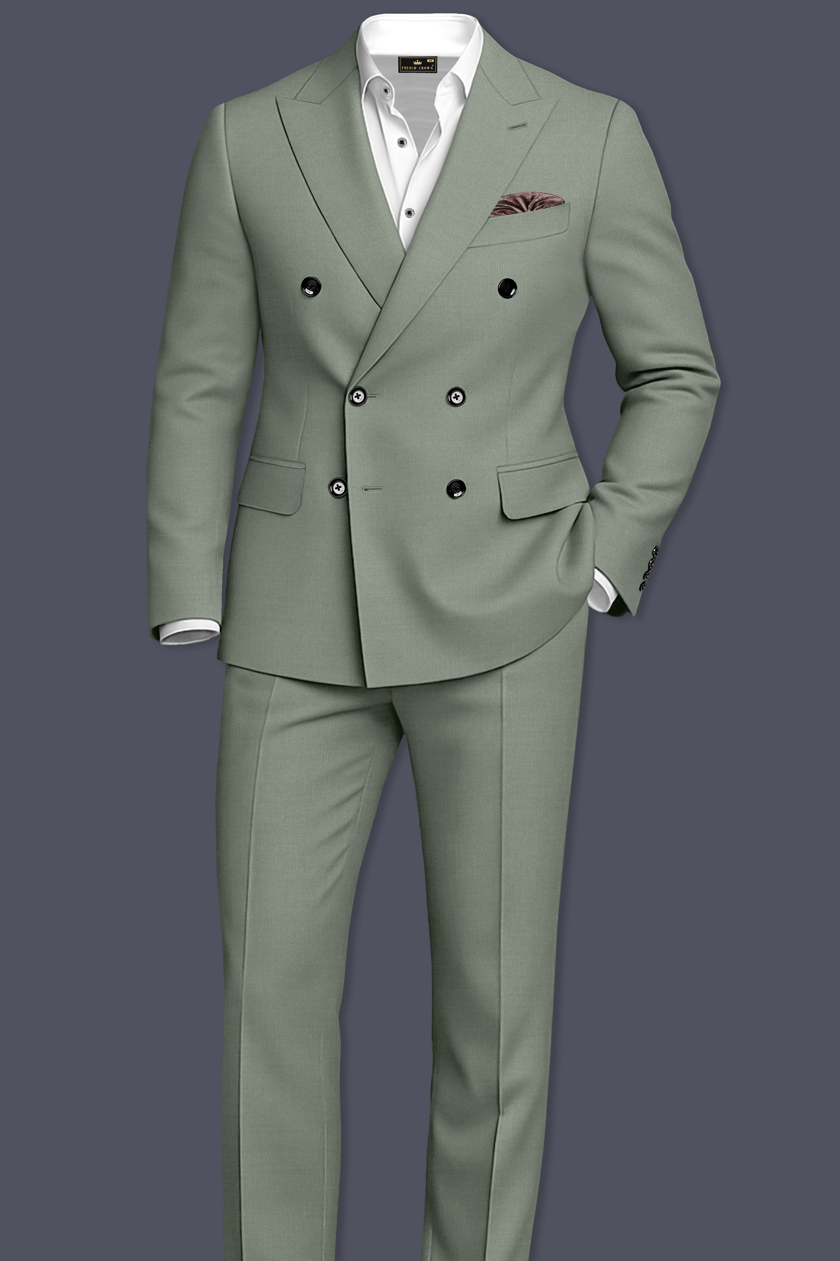 Sage-Smokey Green Wool Rich Slight Stretch Double Breasted Blazer