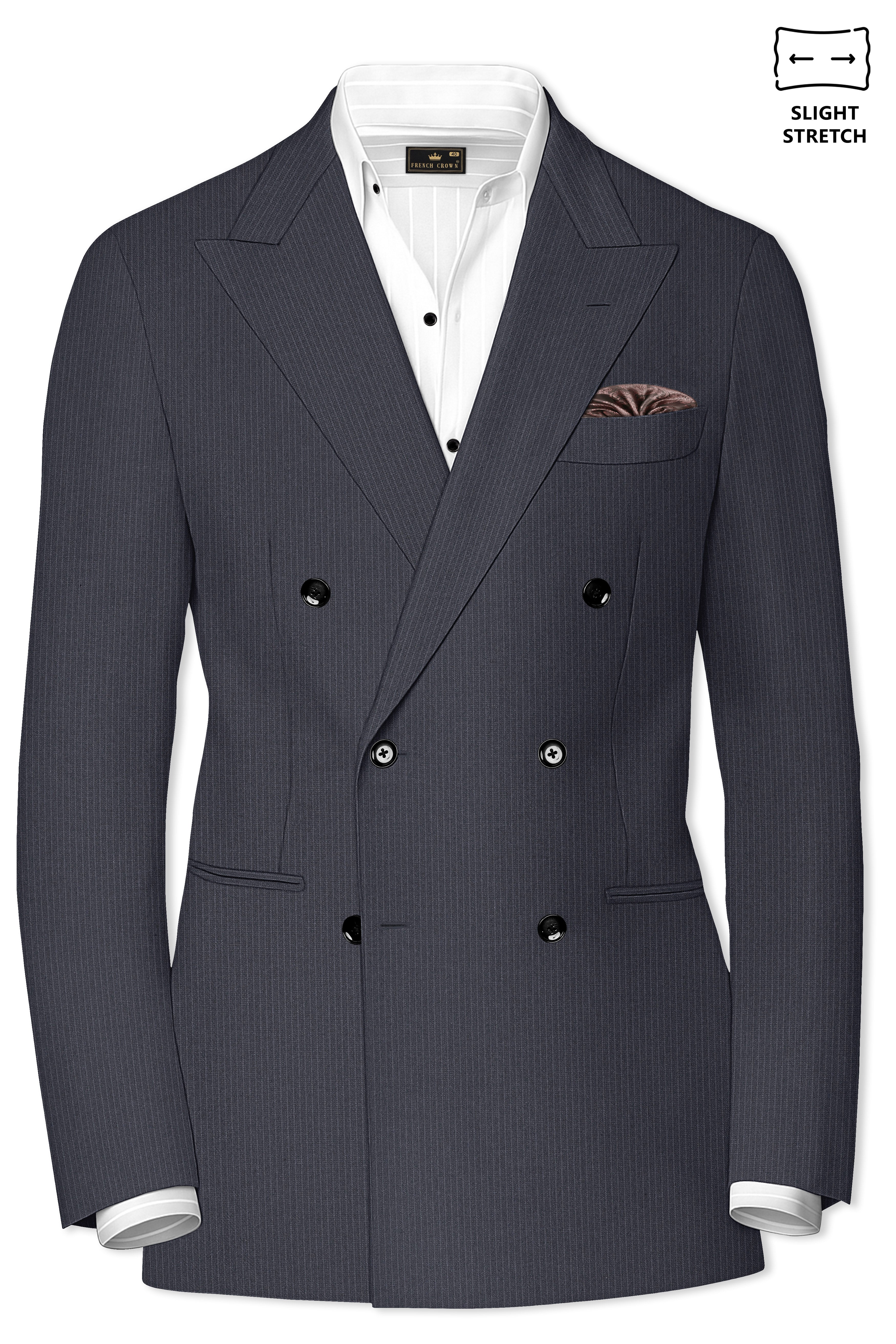 Monvex-Tuna Gray Pencil Striped Wool Rich Slight Stretch Double Breasted Blazer