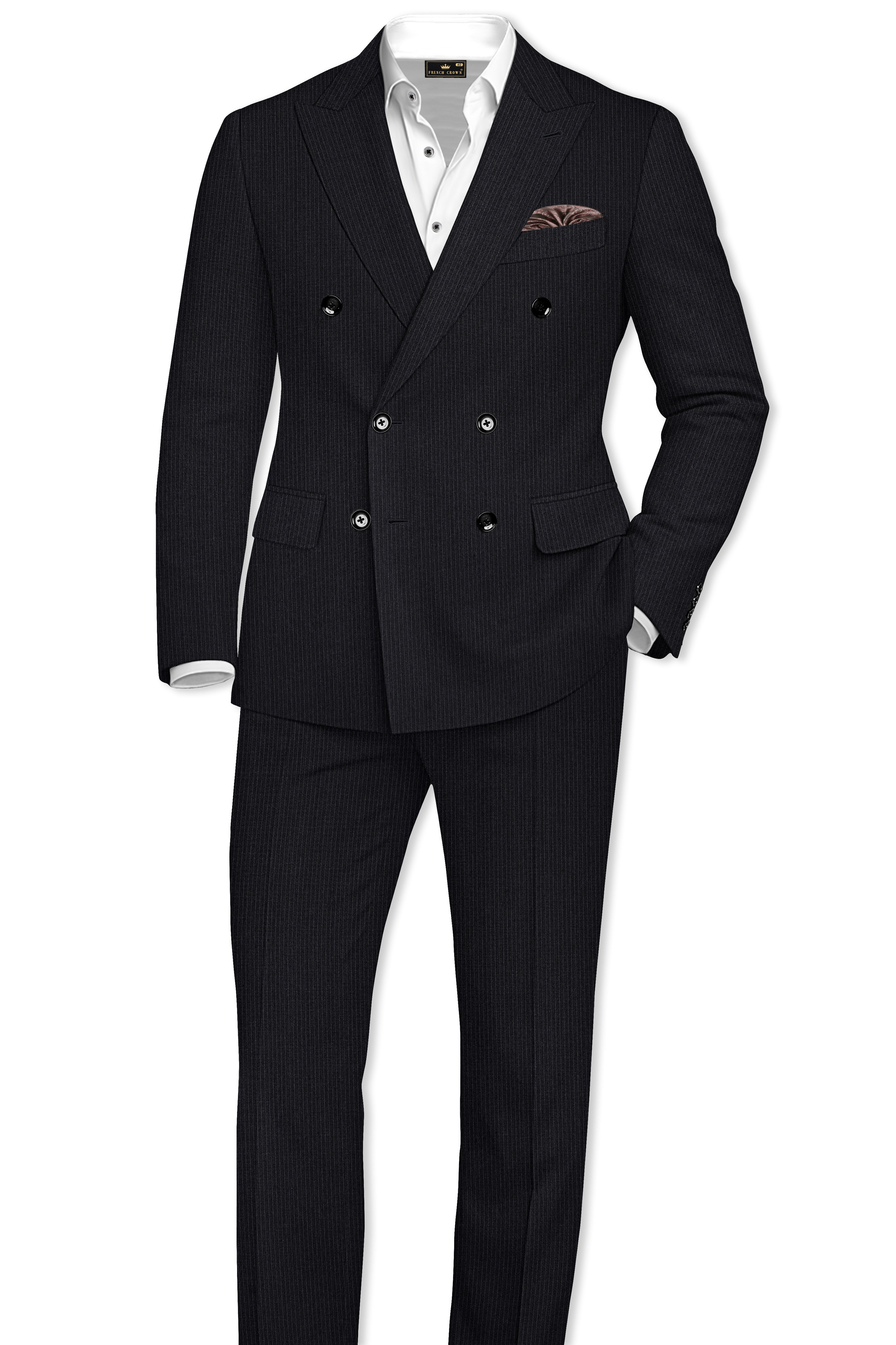 Noir-Jade Black Pencil Striped Wool Rich Slight Stretch Double Breasted Blazer