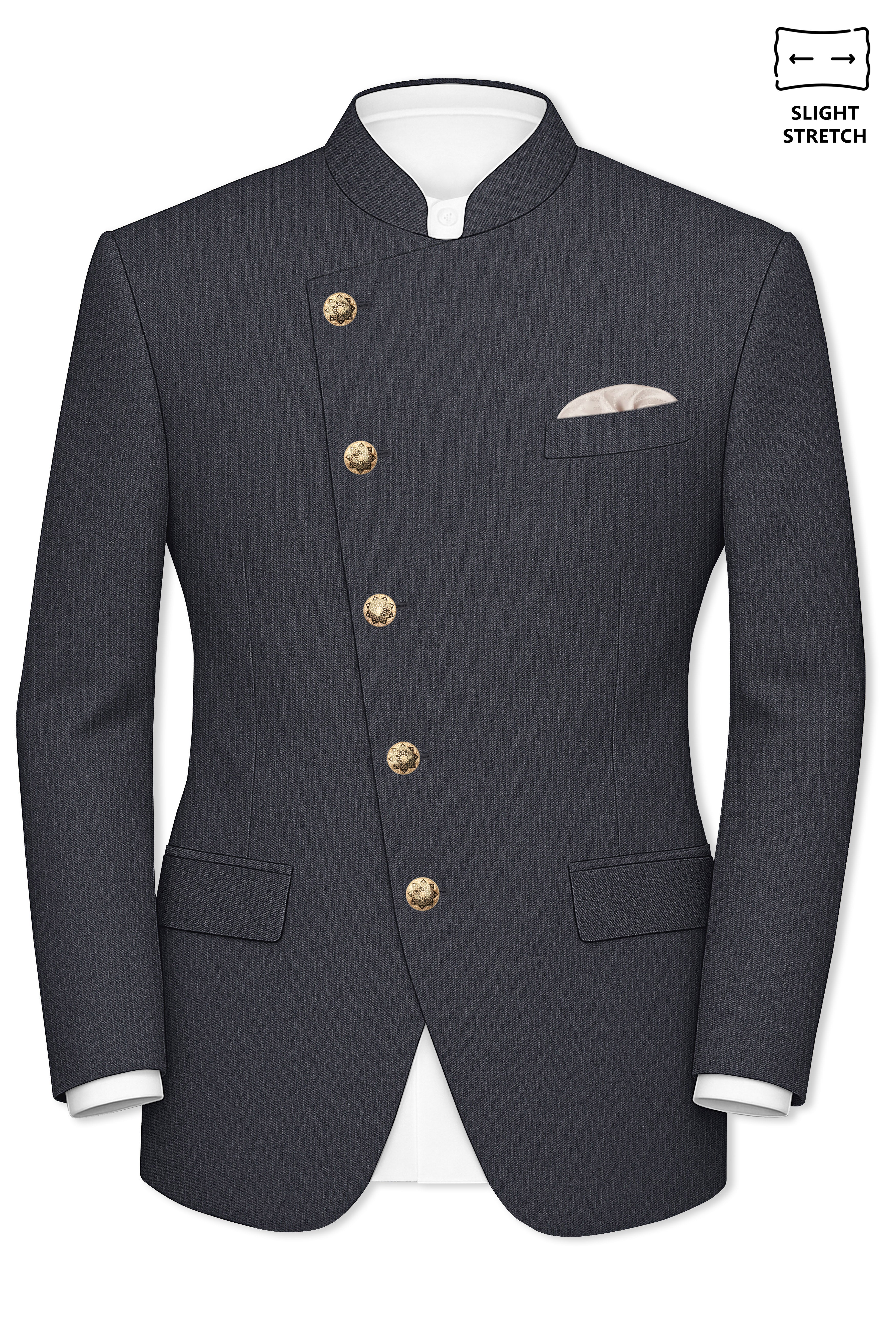 Monvex-Tuna Gray Pencil Striped Wool Rich Slight Stretch Cross Placket Bandhgala Blazer