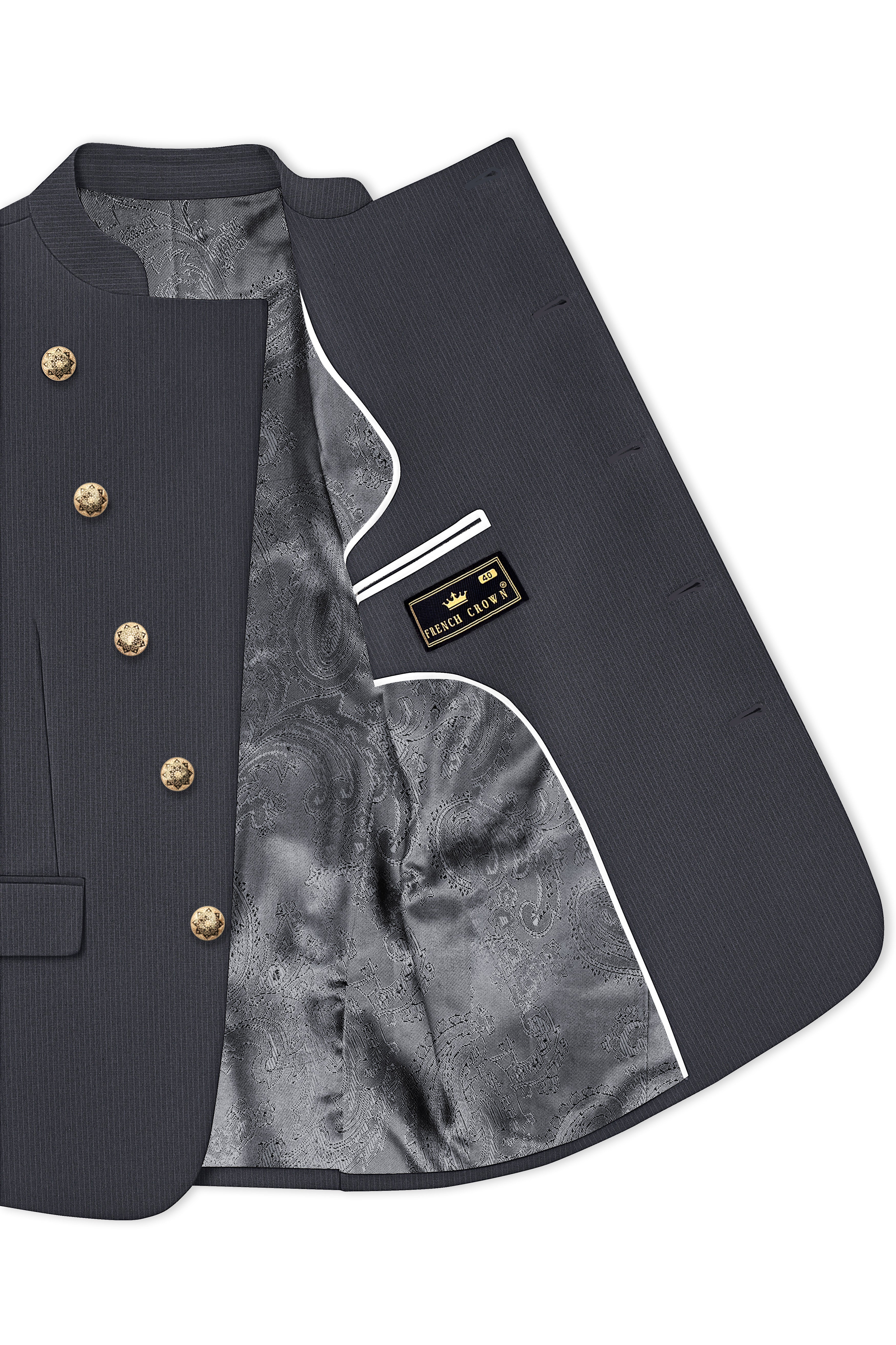 Monvex-Tuna Gray Pencil Striped Wool Rich Slight Stretch Cross Placket Bandhgala Blazer