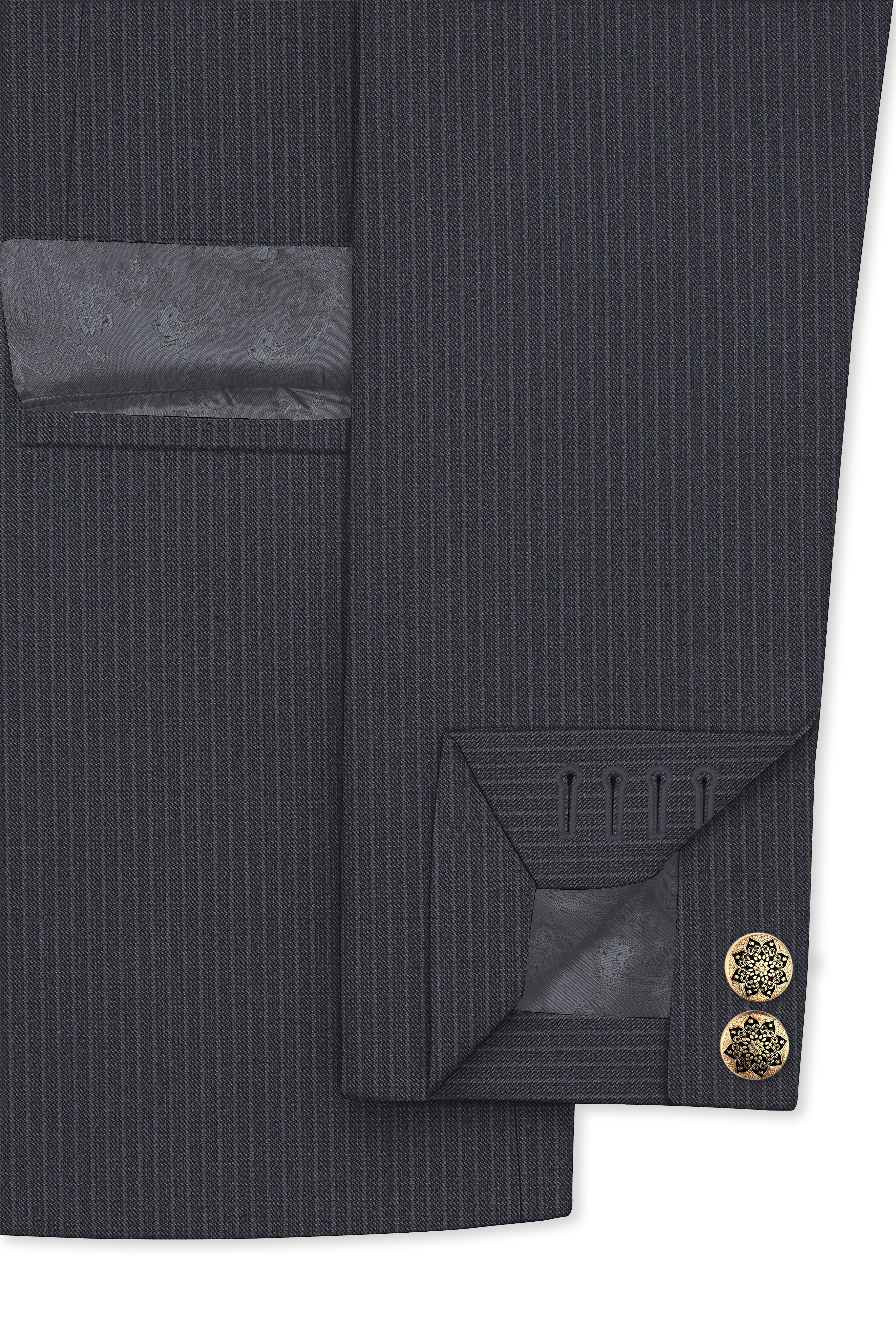 Monvex-Tuna Gray Pencil Striped Wool Rich Slight Stretch Cross Placket Bandhgala Blazer