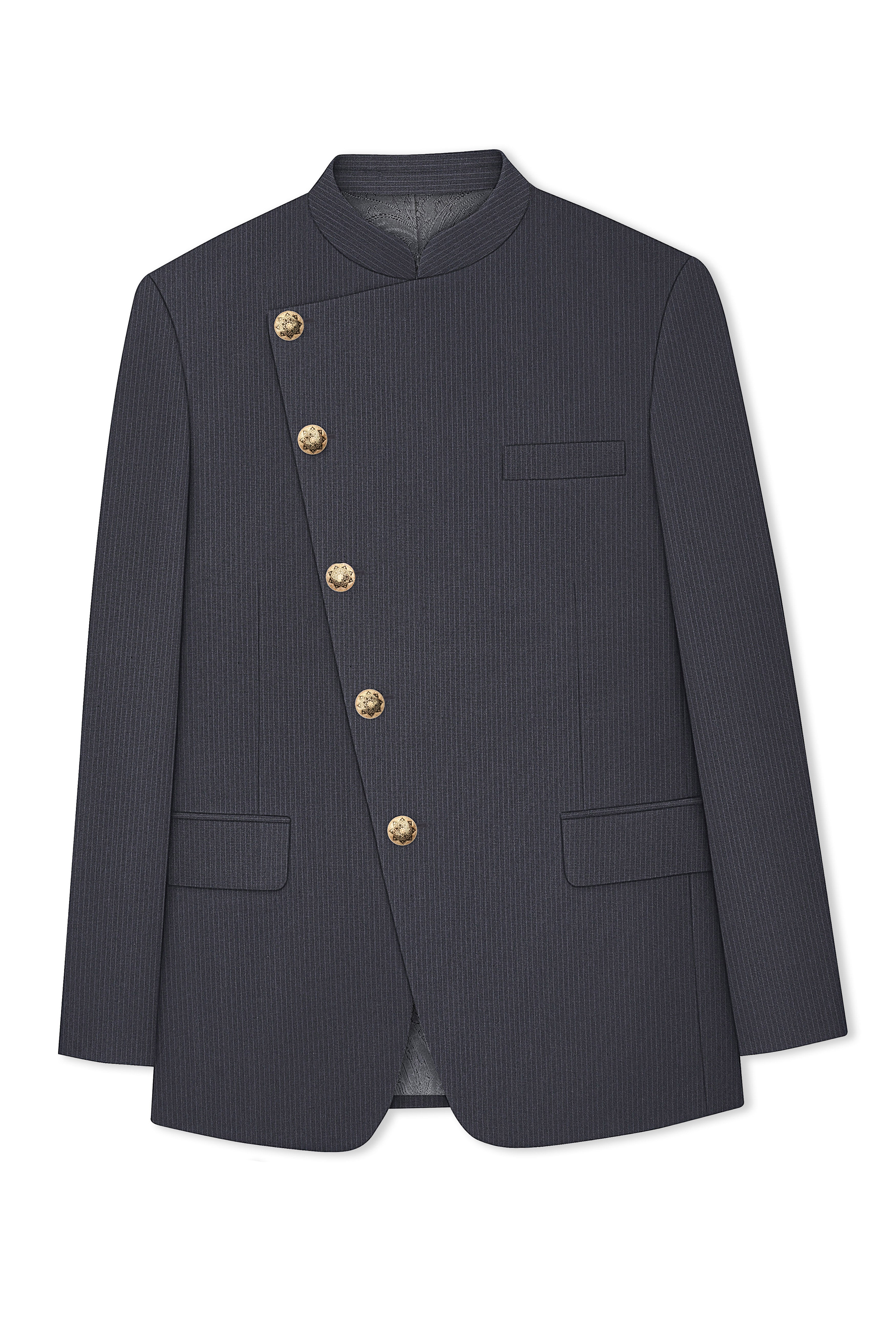Monvex-Tuna Gray Pencil Striped Wool Rich Slight Stretch Cross Placket Bandhgala Blazer