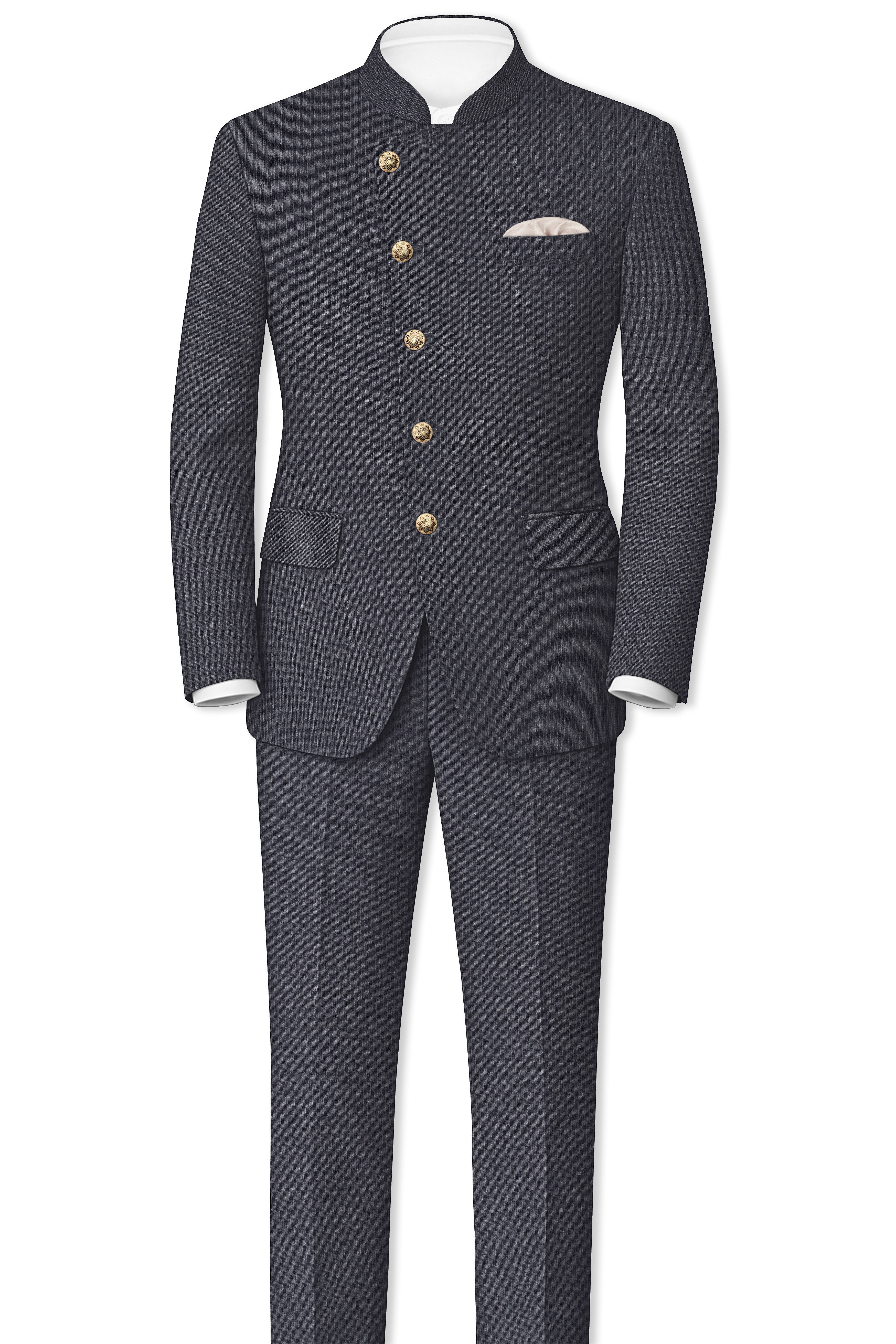 Monvex-Tuna Gray Pencil Striped Wool Rich Slight Stretch Cross Placket Bandhgala Blazer