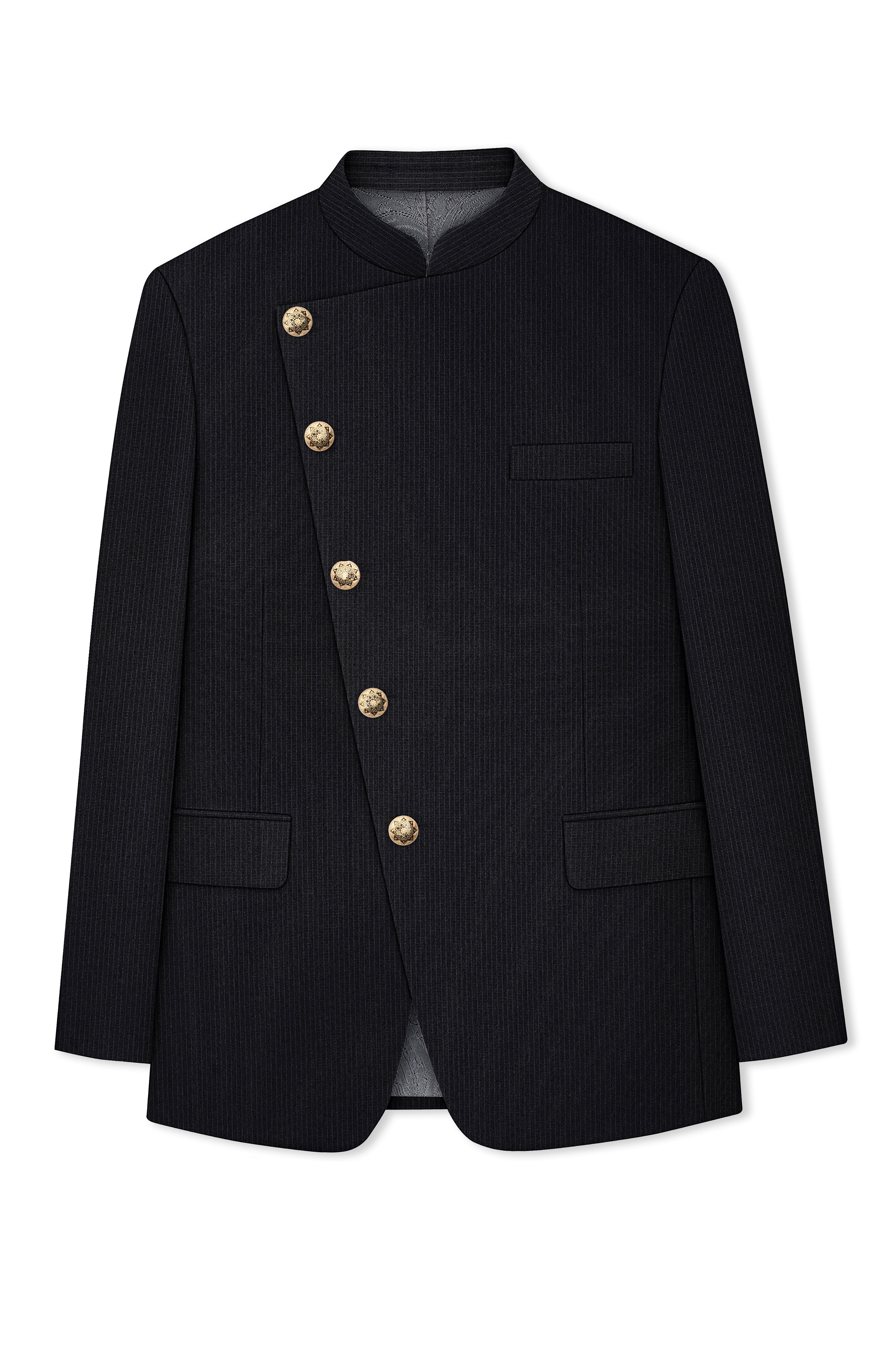 Noir-Jade Black Pencil Striped Wool Rich Slight Stretch Cross Placket Bandhgala Blazer