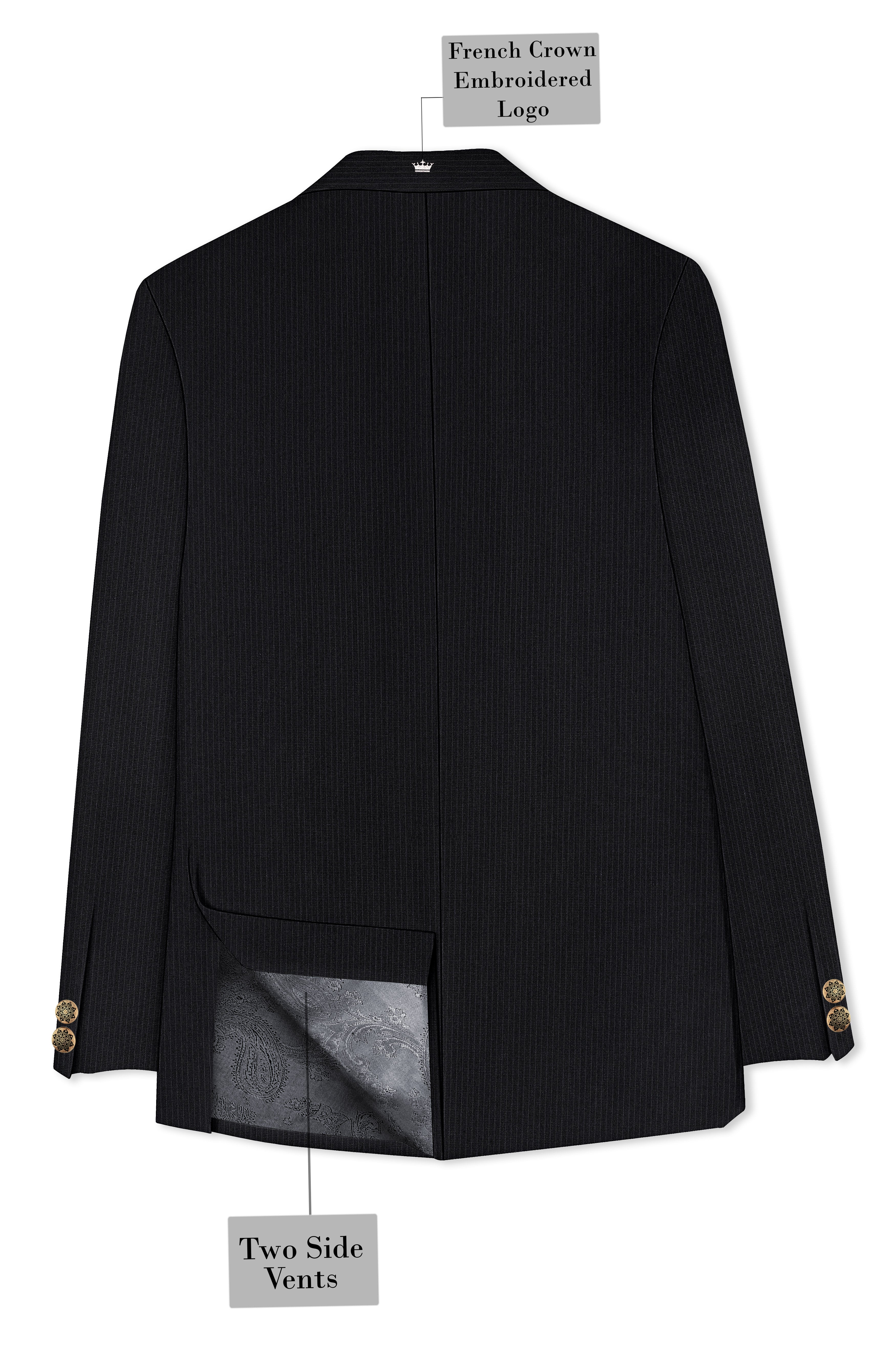 Noir-Jade Black Pencil Striped Wool Rich Slight Stretch Cross Placket Bandhgala Blazer