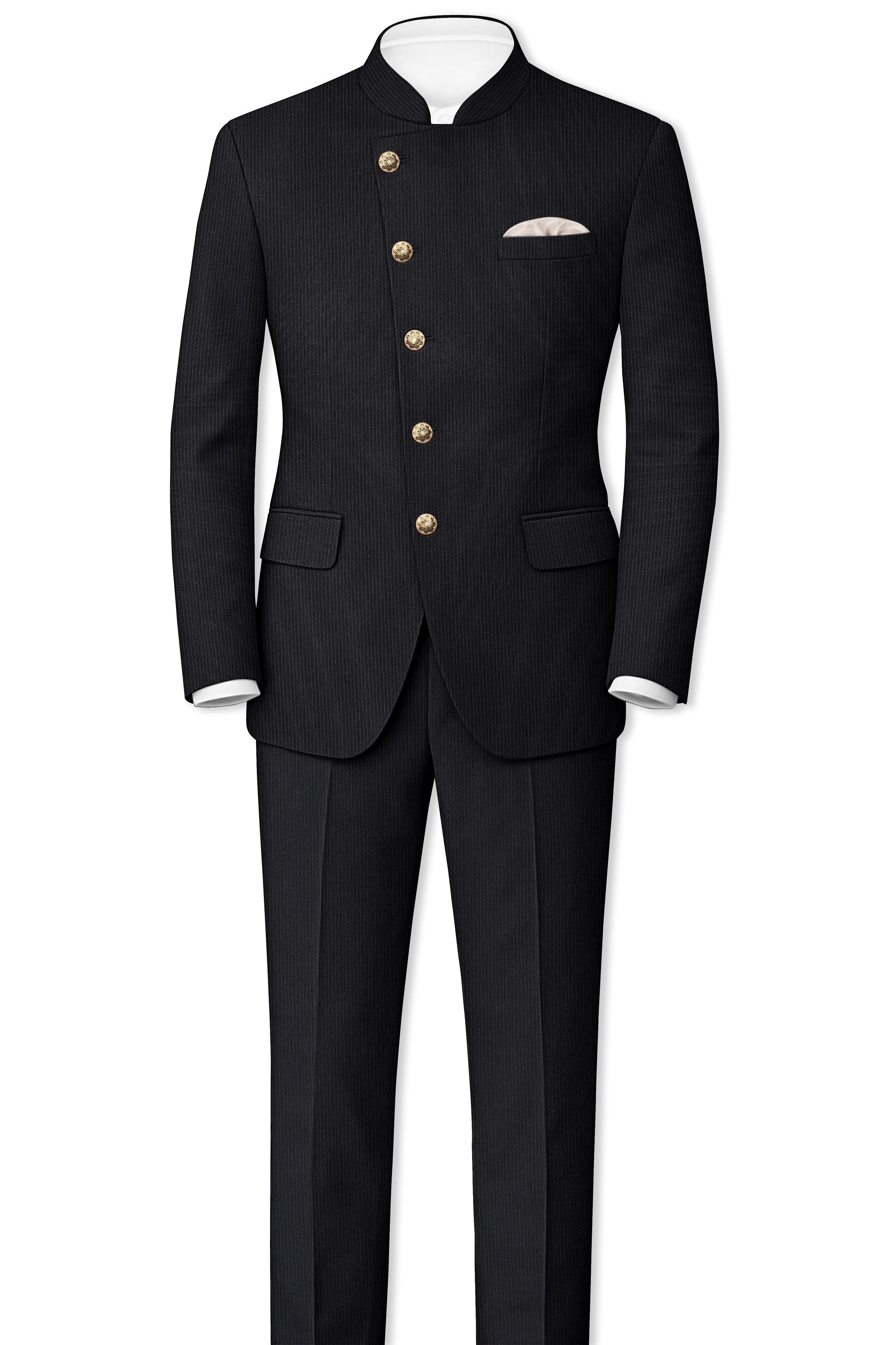 Noir-Jade Black Pencil Striped Wool Rich Slight Stretch Cross Placket Bandhgala Blazer