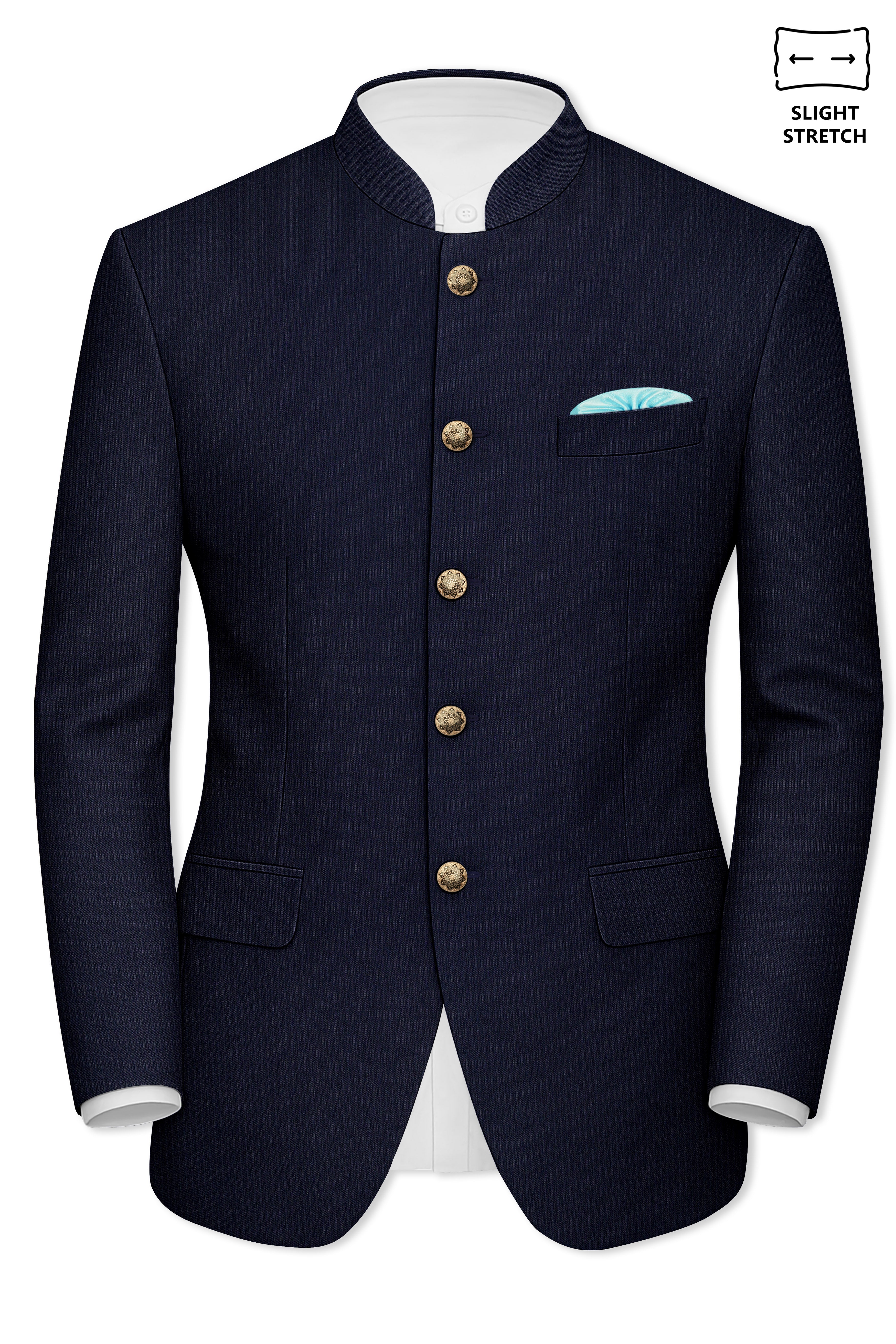 Elion-Bunker Blue Pencil Striped Wool Rich Bandhgala Slight Stretch Blazer