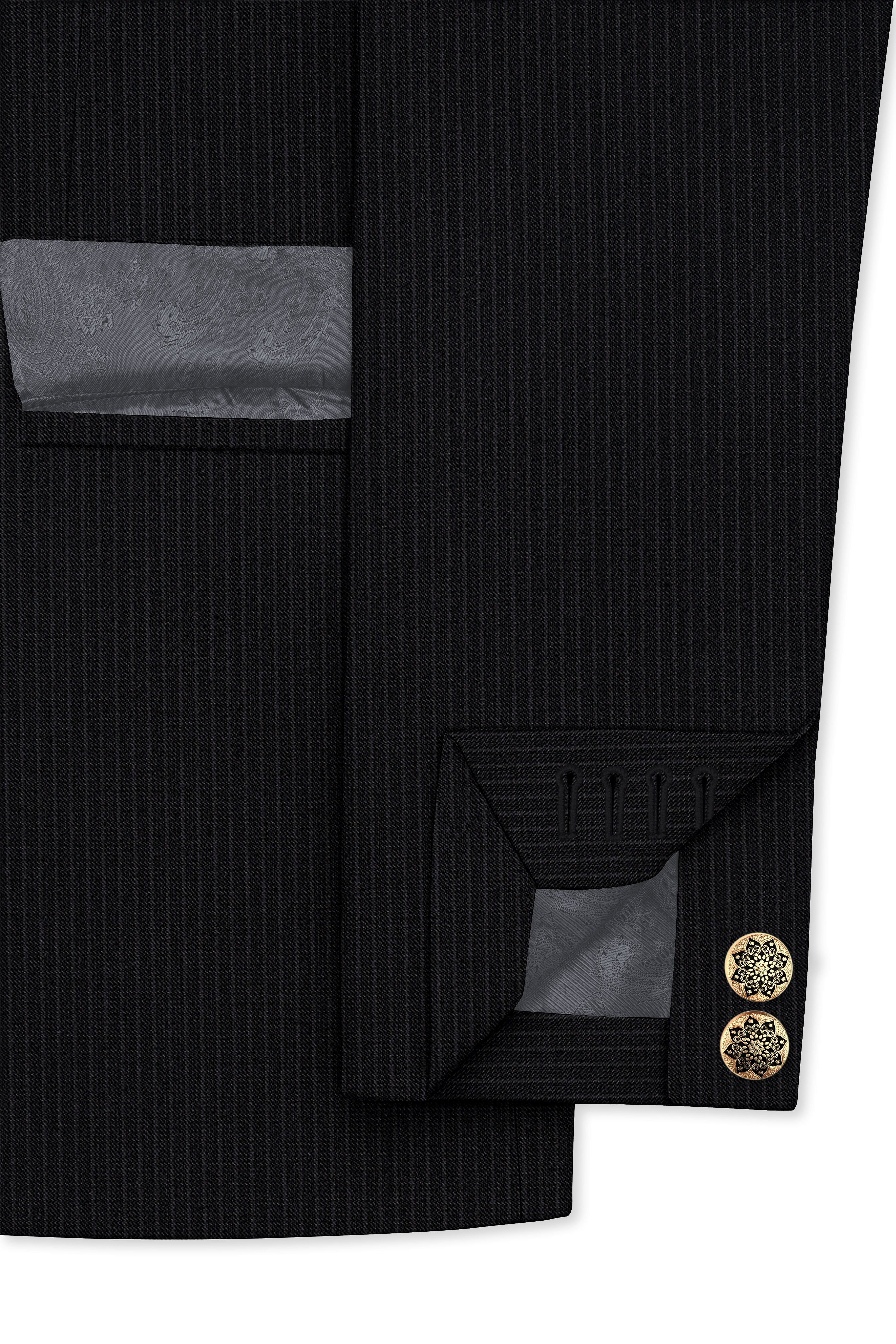 Noir-Jade Black Pencil Striped Wool Rich Bandhgala Slight Stretch Blazer