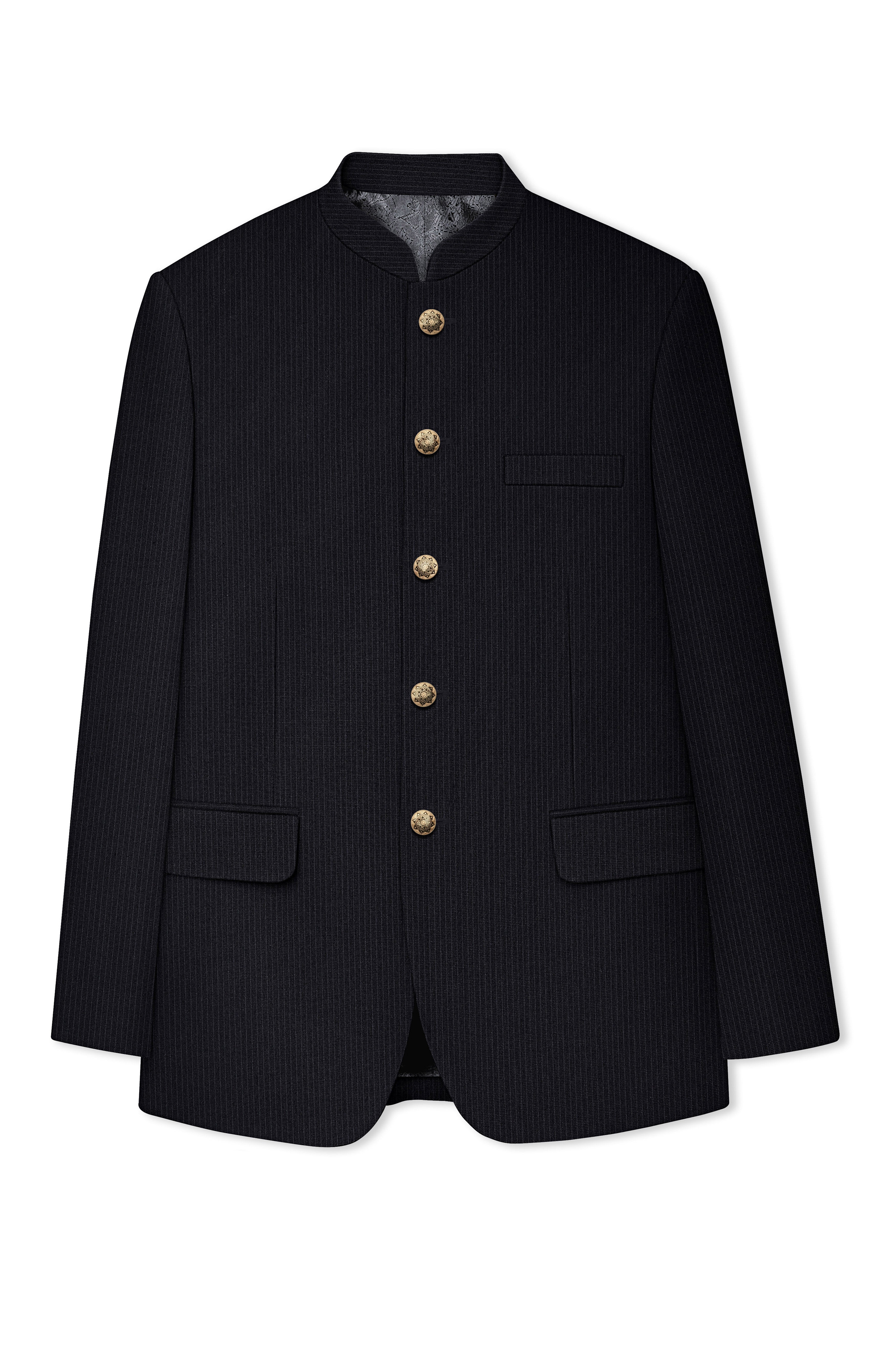 Noir-Jade Black Pencil Striped Wool Rich Bandhgala Slight Stretch Blazer