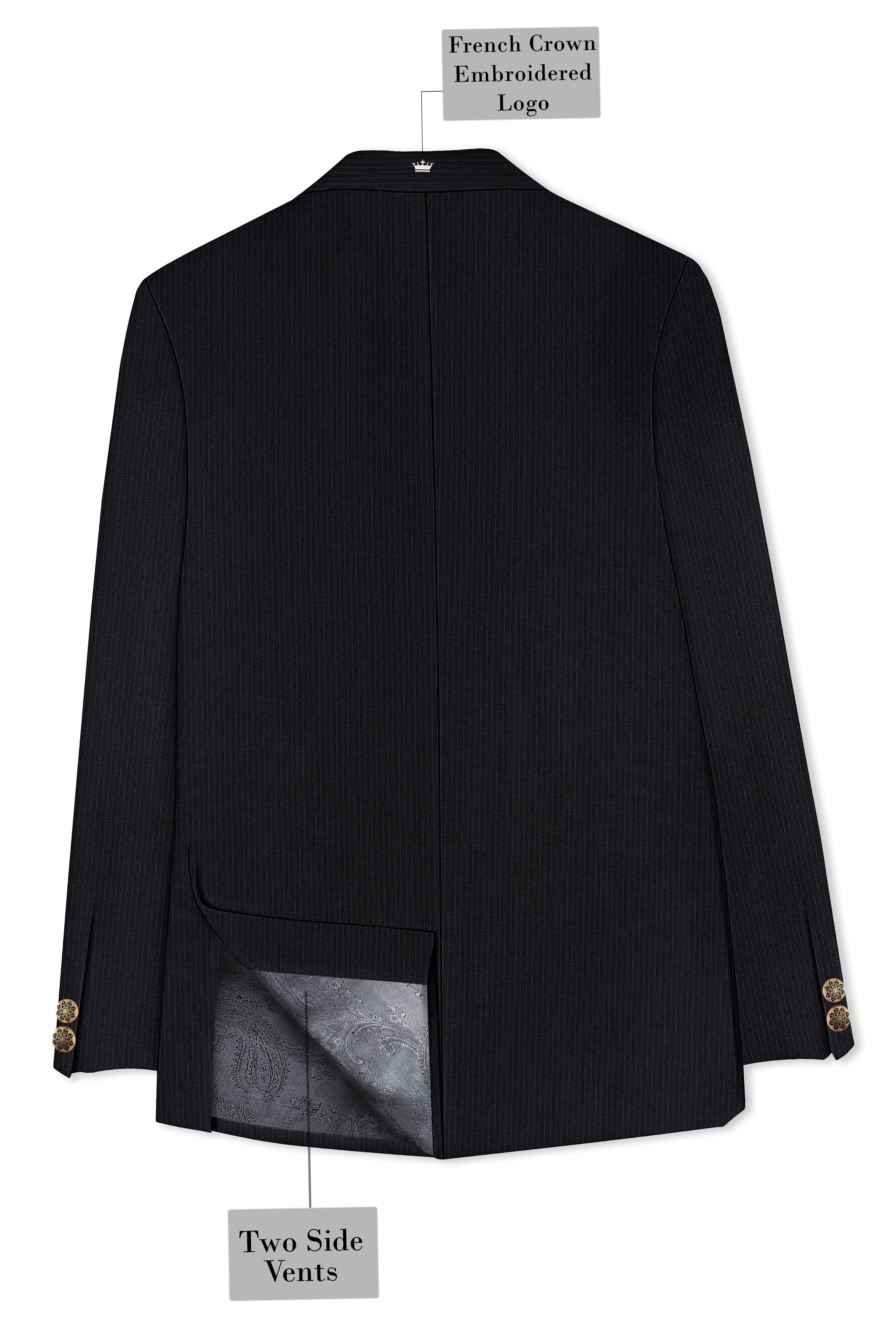 Noir-Jade Black Pencil Striped Wool Rich Bandhgala Slight Stretch Blazer