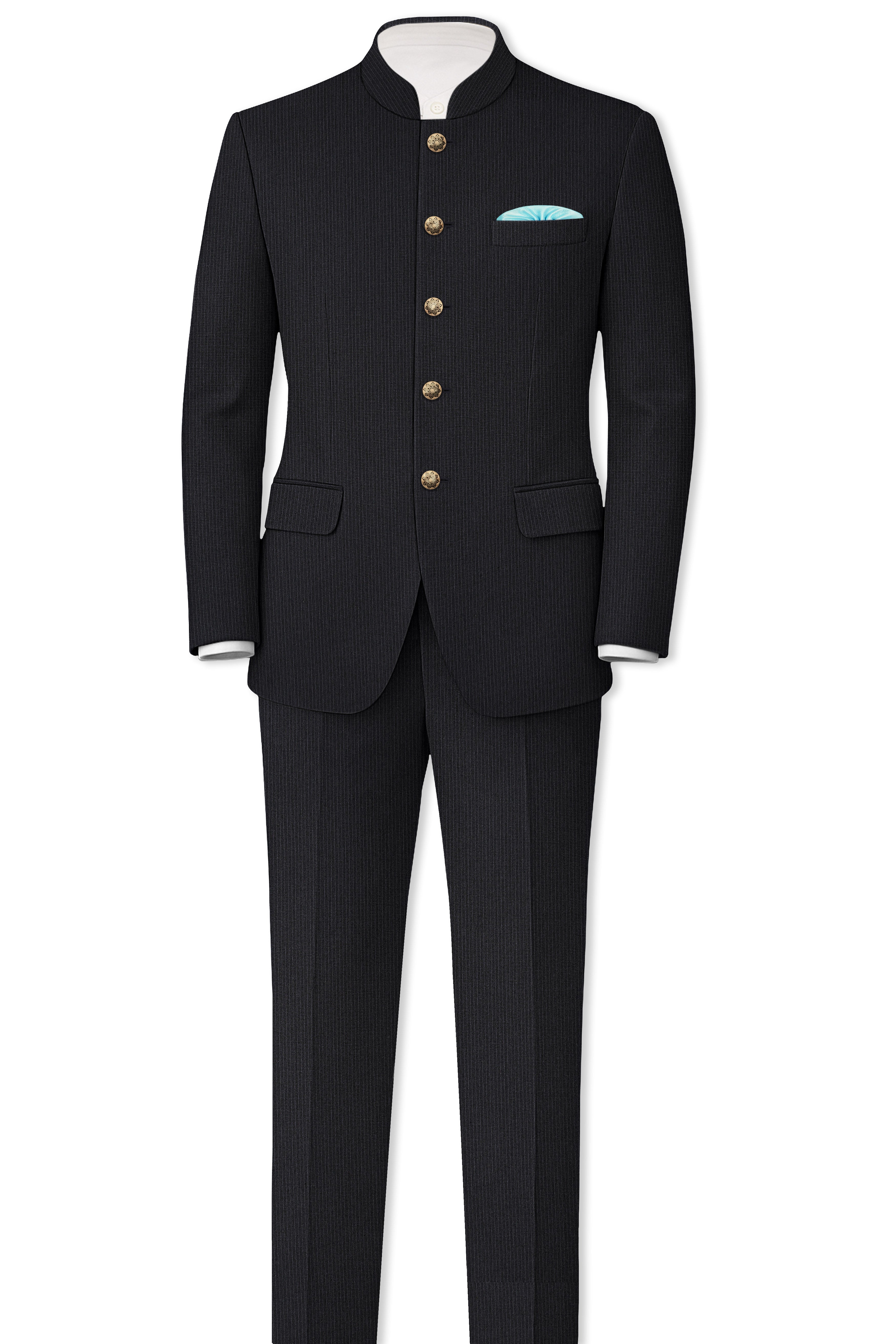 Noir-Jade Black Pencil Striped Wool Rich Bandhgala Slight Stretch Blazer