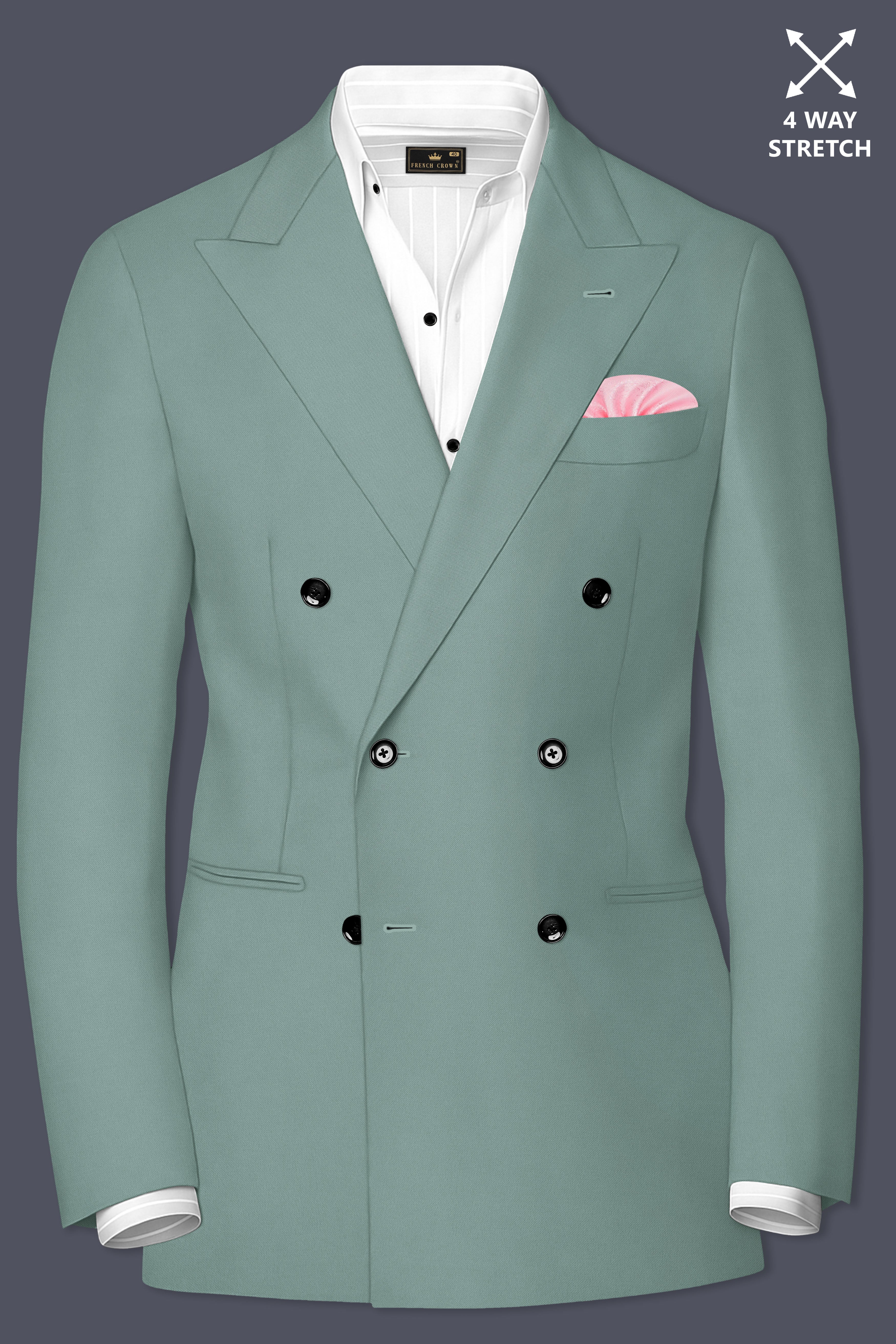 Verde-Korean Spanish Green 4-Way Stretch Wrinkle-Free Wool Rich Double Breasted Blazer