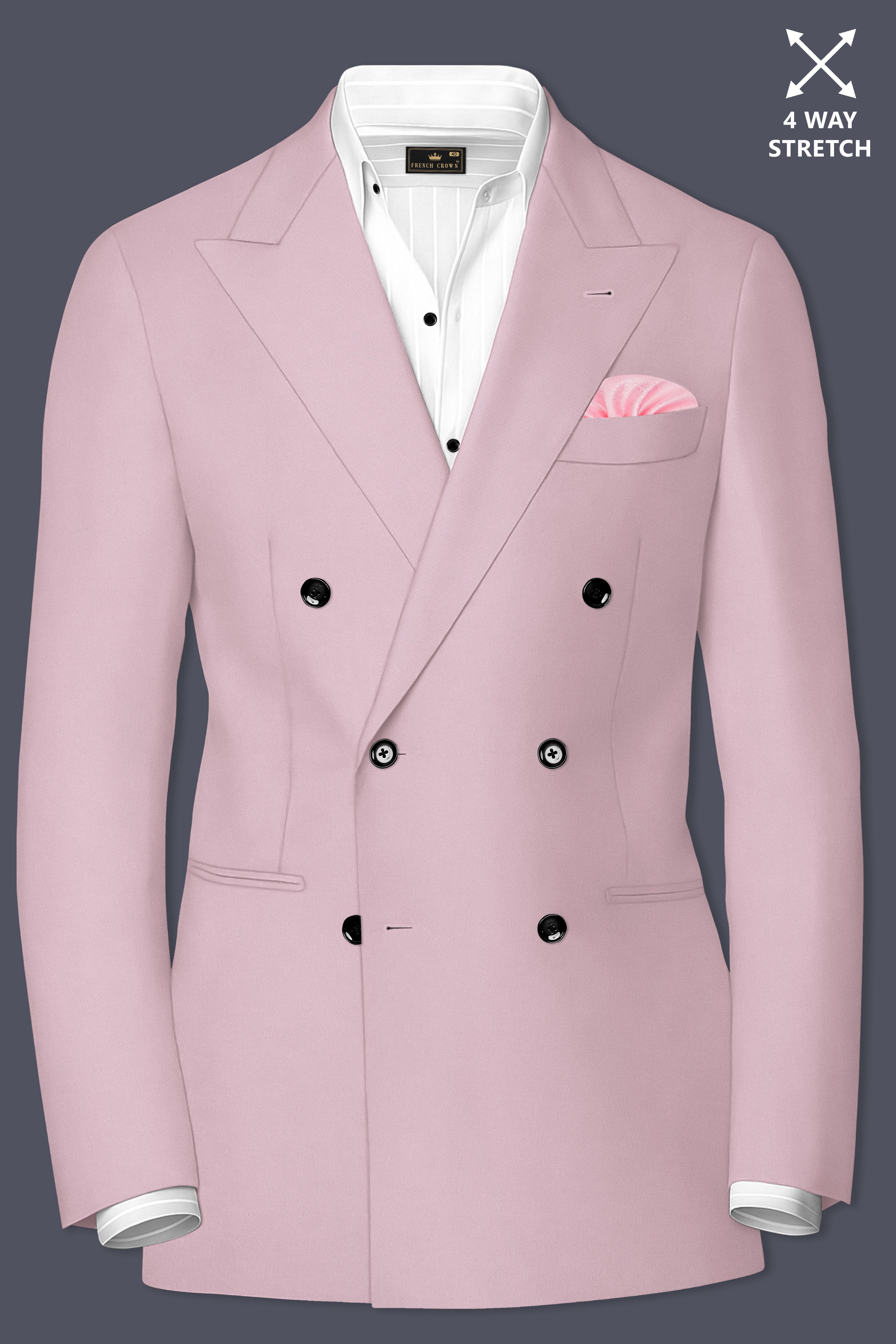 Allure-Korean Blossom Pink 4-Way Stretch Wrinkle-Free Wool Rich Double Breasted Blazer