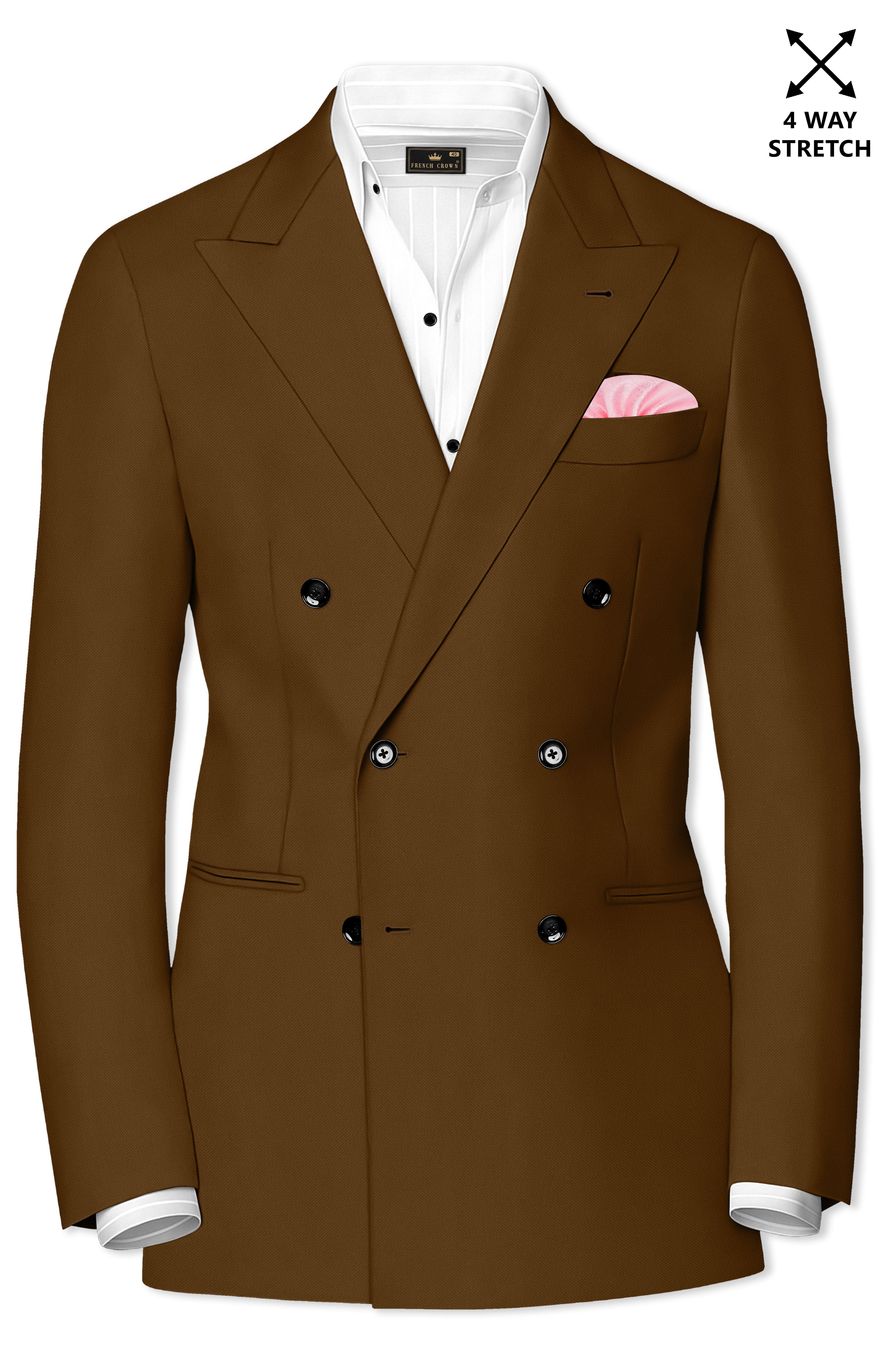 Sienna-Korean Derby Brown 4-Way Stretch Wrinkle-Free Wool Rich Double Breasted Blazer