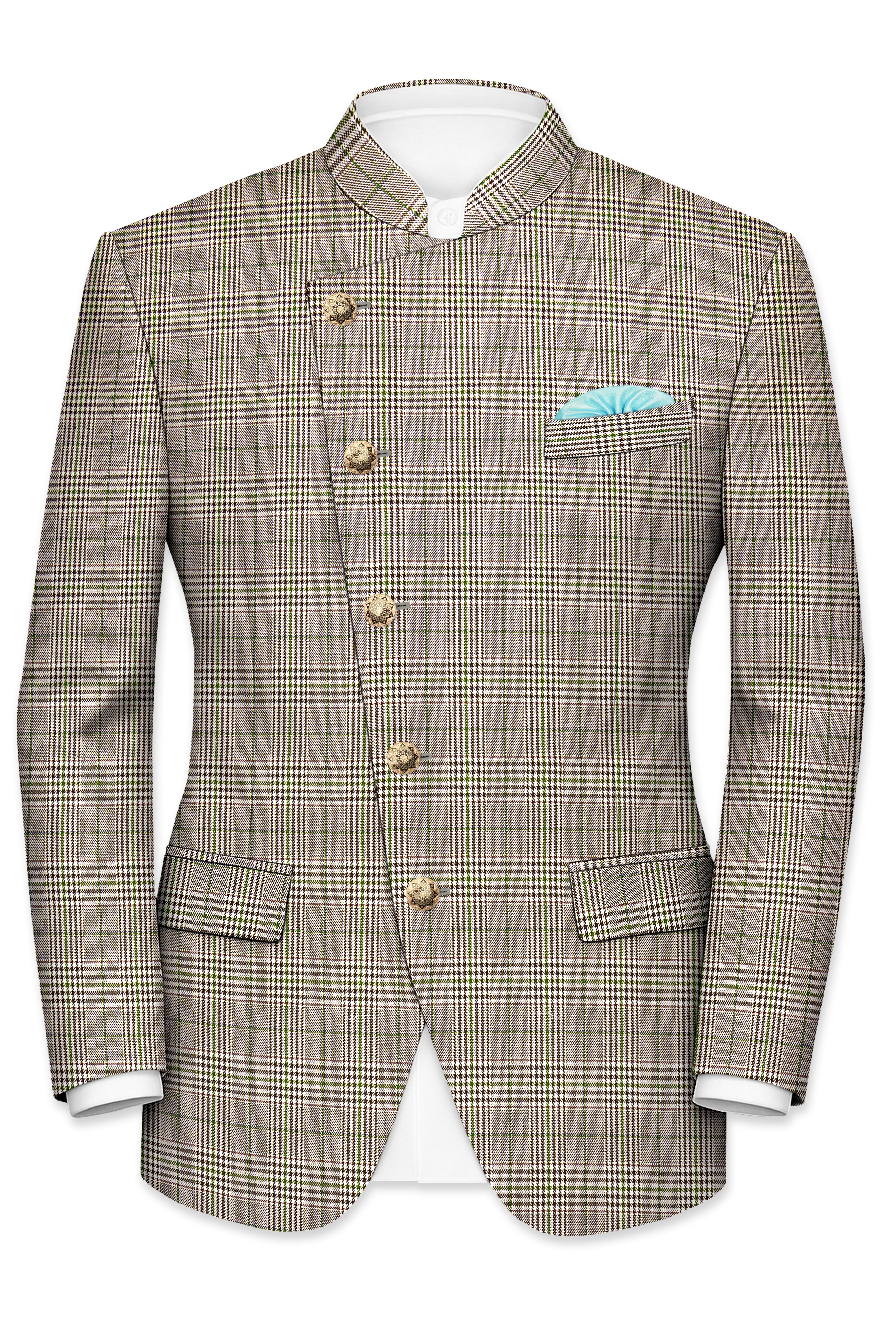 Nawab-Tundora Brown Plaid Wool Rich Cross Placket Bandhgala Blazer