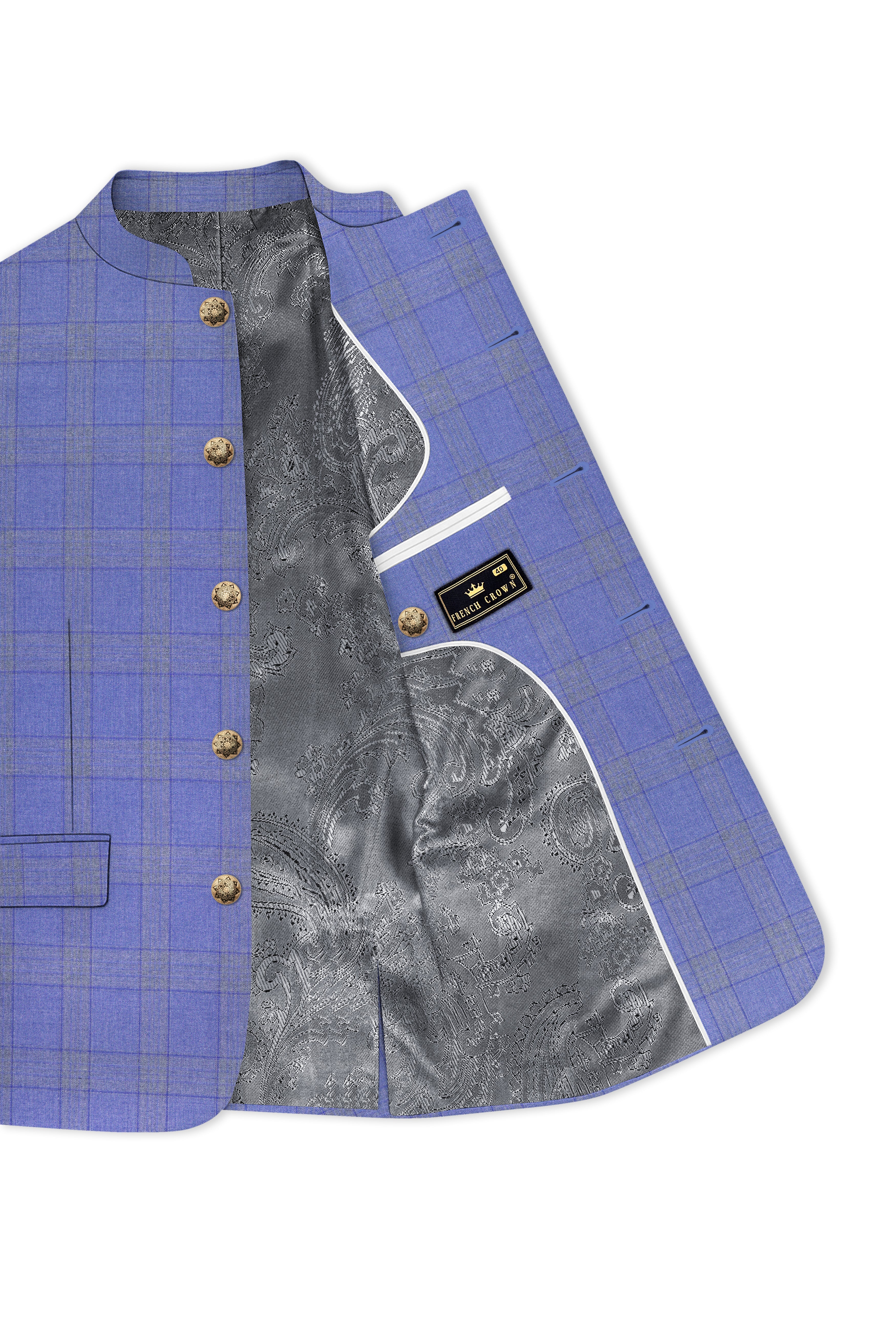 Cobalt-Scampi Blue Plaid Wool Rich Bandhgala Blazer