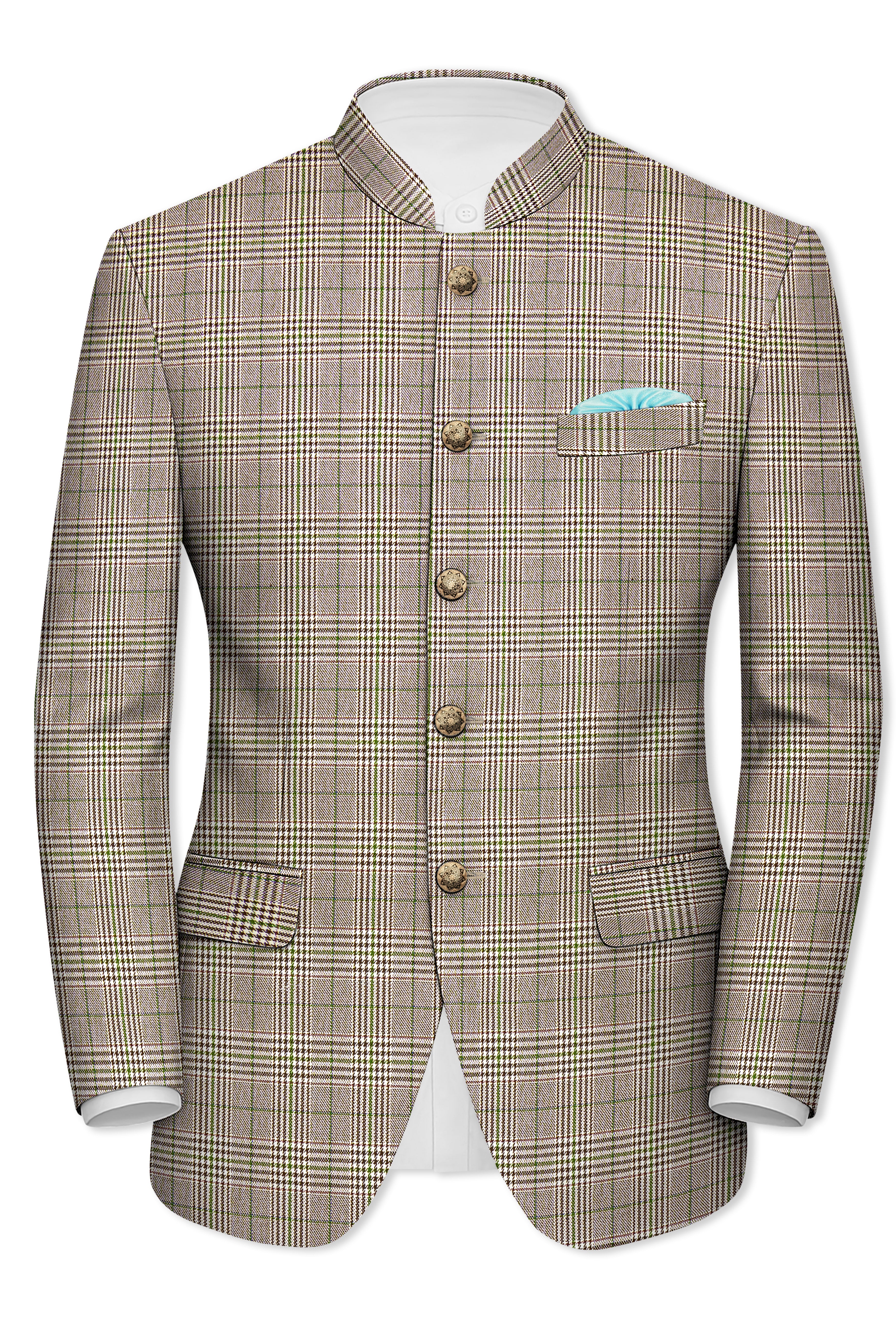 Nawab-Tundora Brown Plaid Wool Rich Bandhgala Blazer