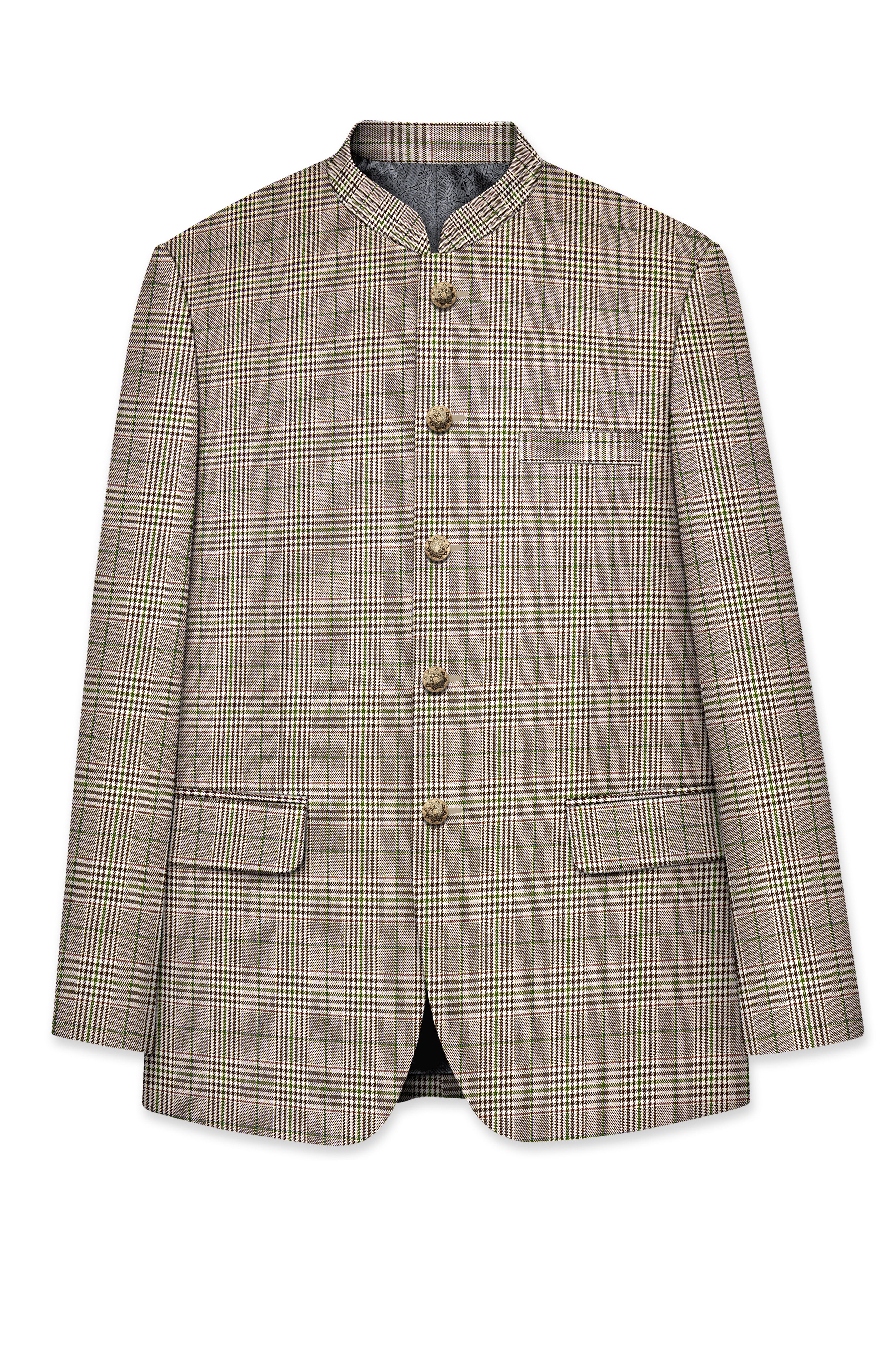 Nawab-Tundora Brown Plaid Wool Rich Bandhgala Blazer