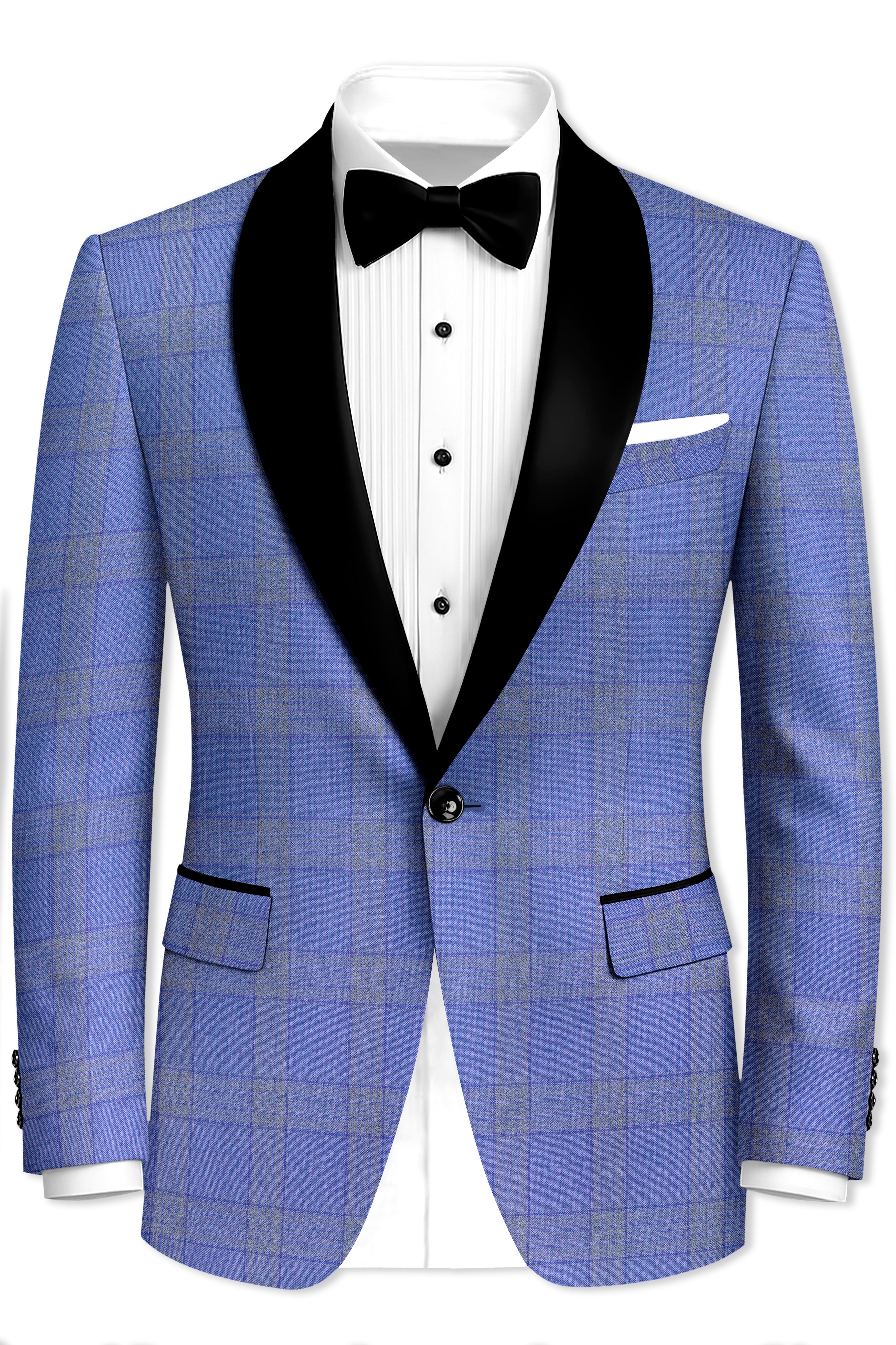 Cobalt-Scampi Blue Plaid Wool Rich Tuxedo Blazer