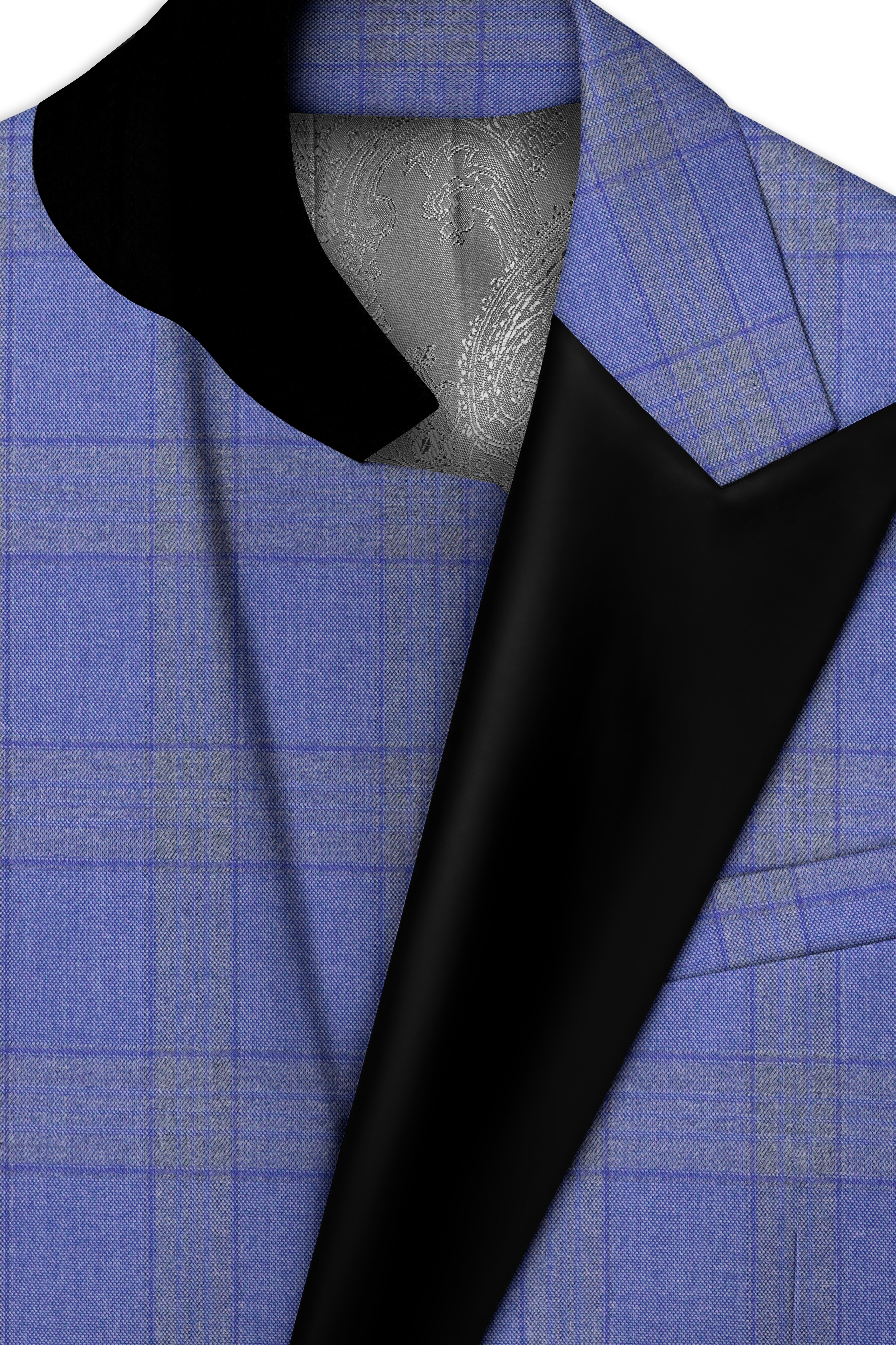 Cobalt-Scampi Blue Plaid Wool Rich Peak Lapel Tuxedo Blazer