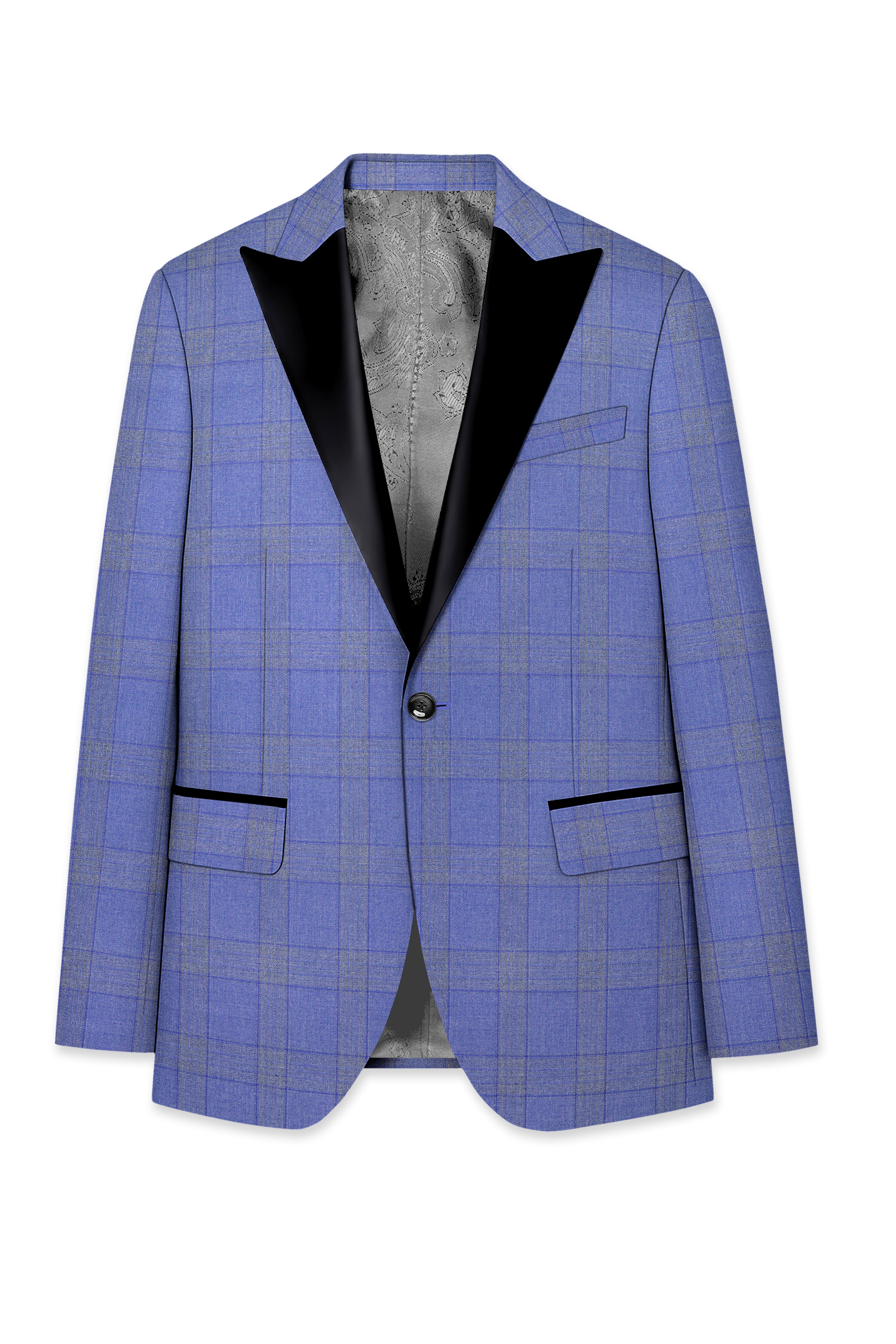 Cobalt-Scampi Blue Plaid Wool Rich Peak Lapel Tuxedo Blazer