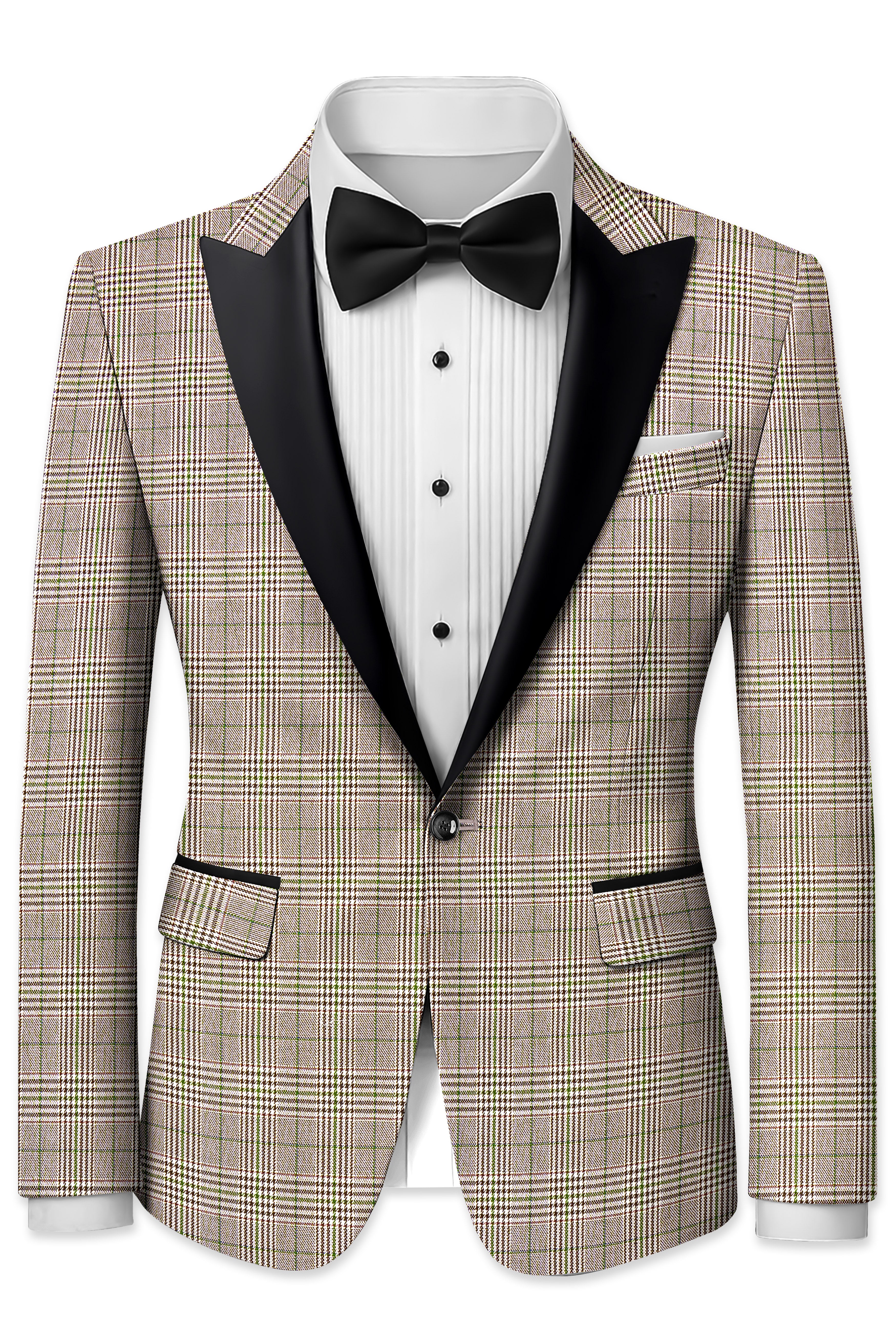 Nawab-Tundora Brown Plaid Wool Rich Peak Lapel Tuxedo Blazer