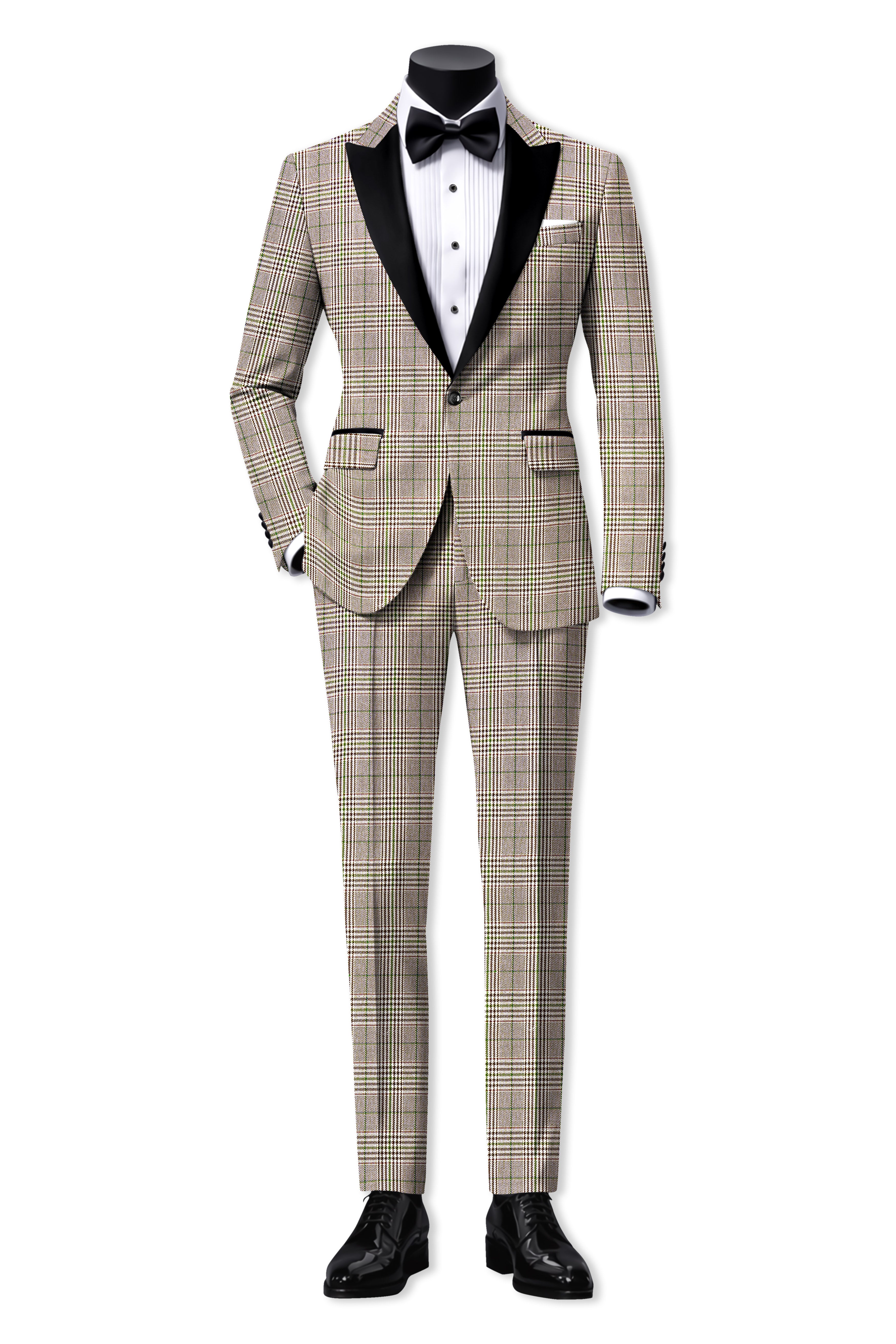 Nawab-Tundora Brown Plaid Wool Rich Peak Lapel Tuxedo Blazer