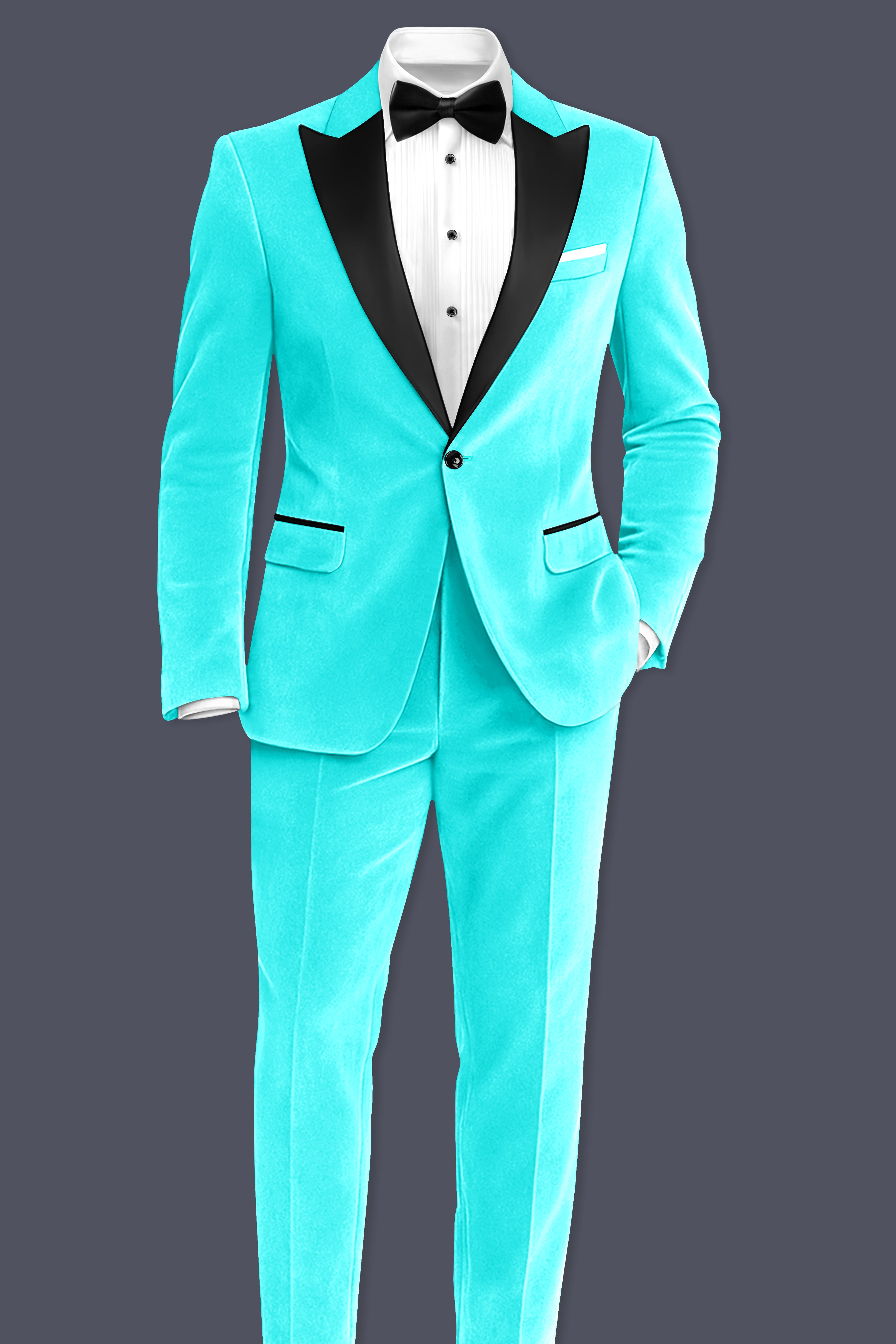 Sovereign-Turquoise Blue Velvet Peak Lapel Tuxedo Blazer