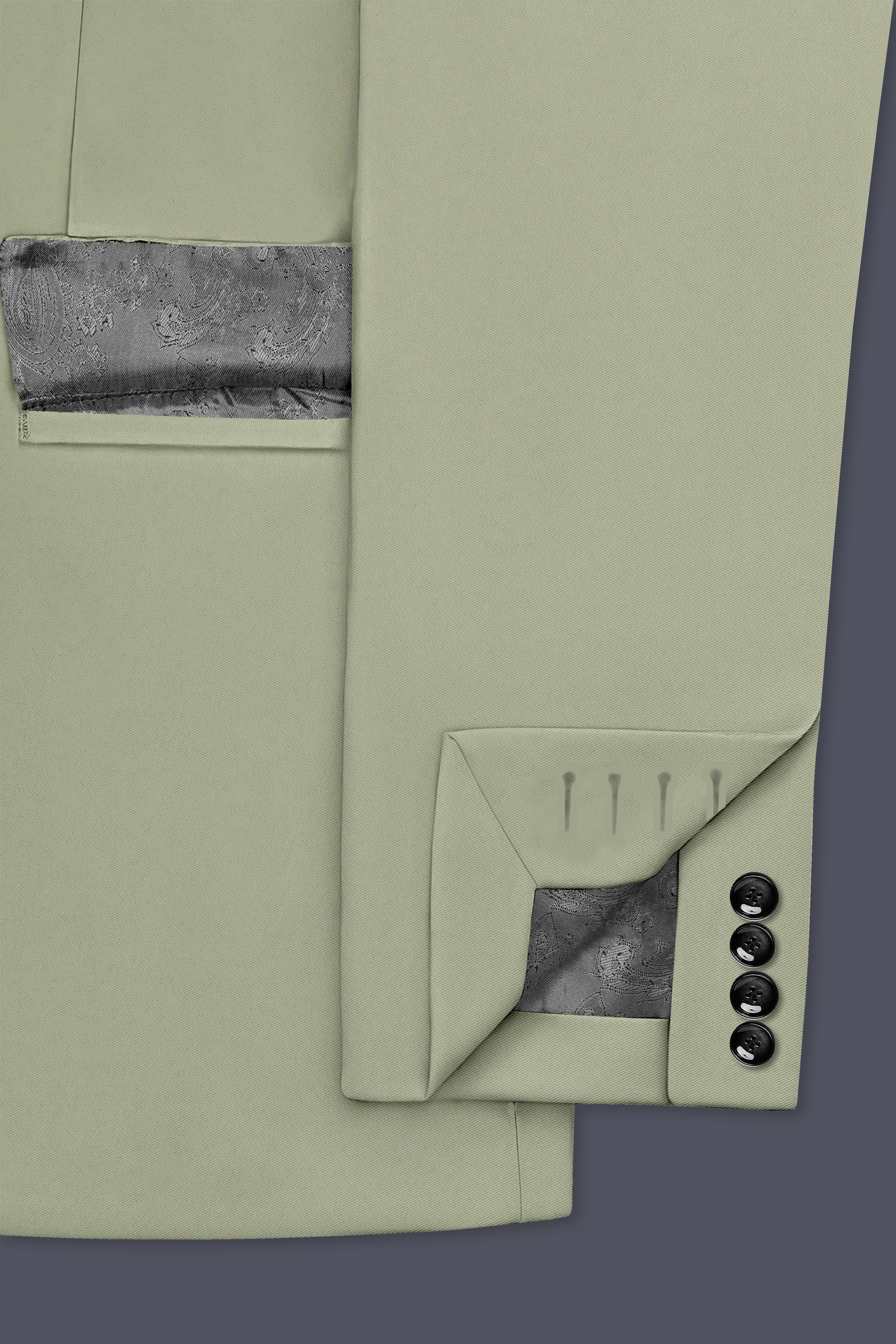 Verdan-Sage Green Slight Stretch Subtle Sheen Poly-Viscose Double Breasted Blazer