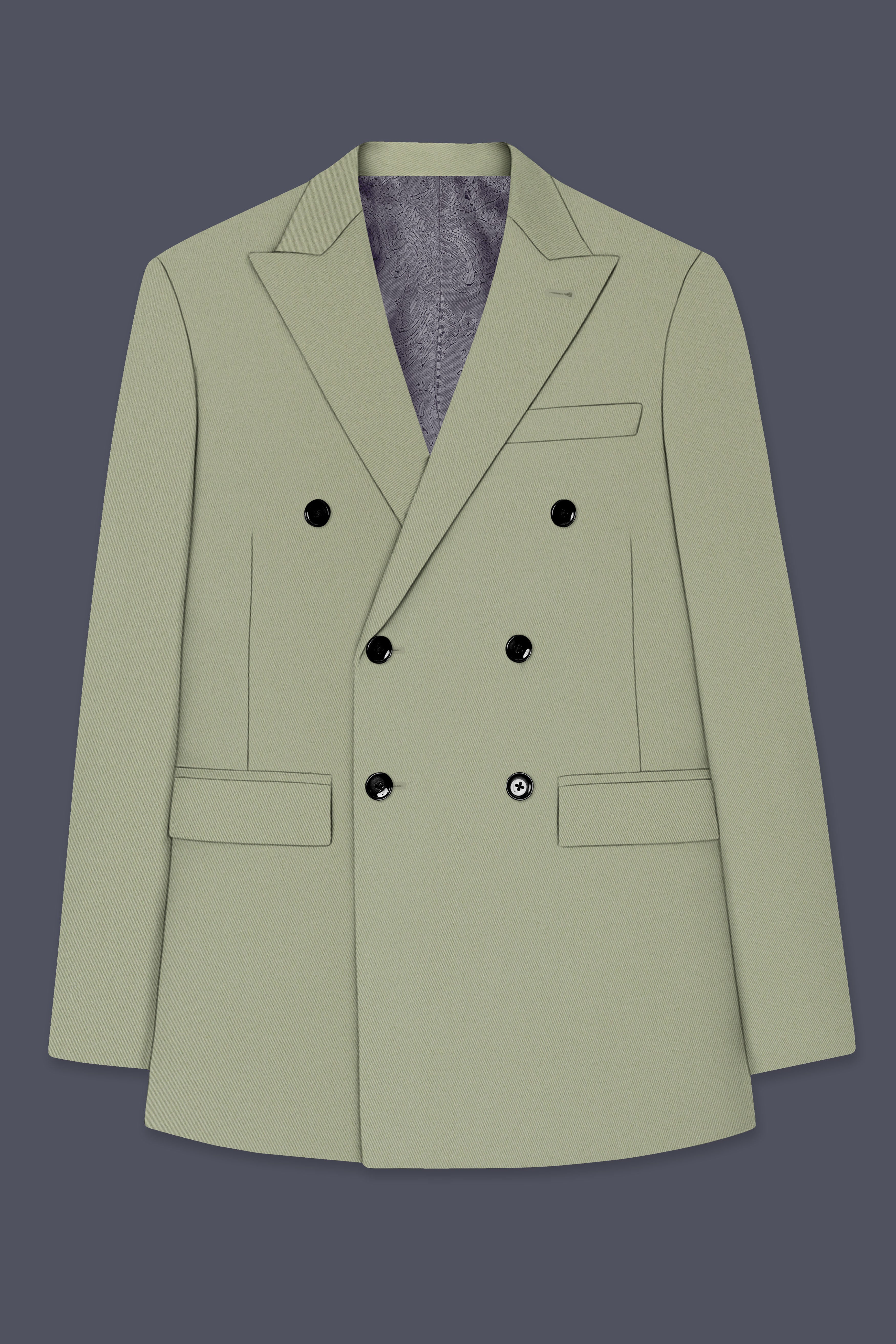 Verdan-Sage Green Slight Stretch Subtle Sheen Poly-Viscose Double Breasted Blazer