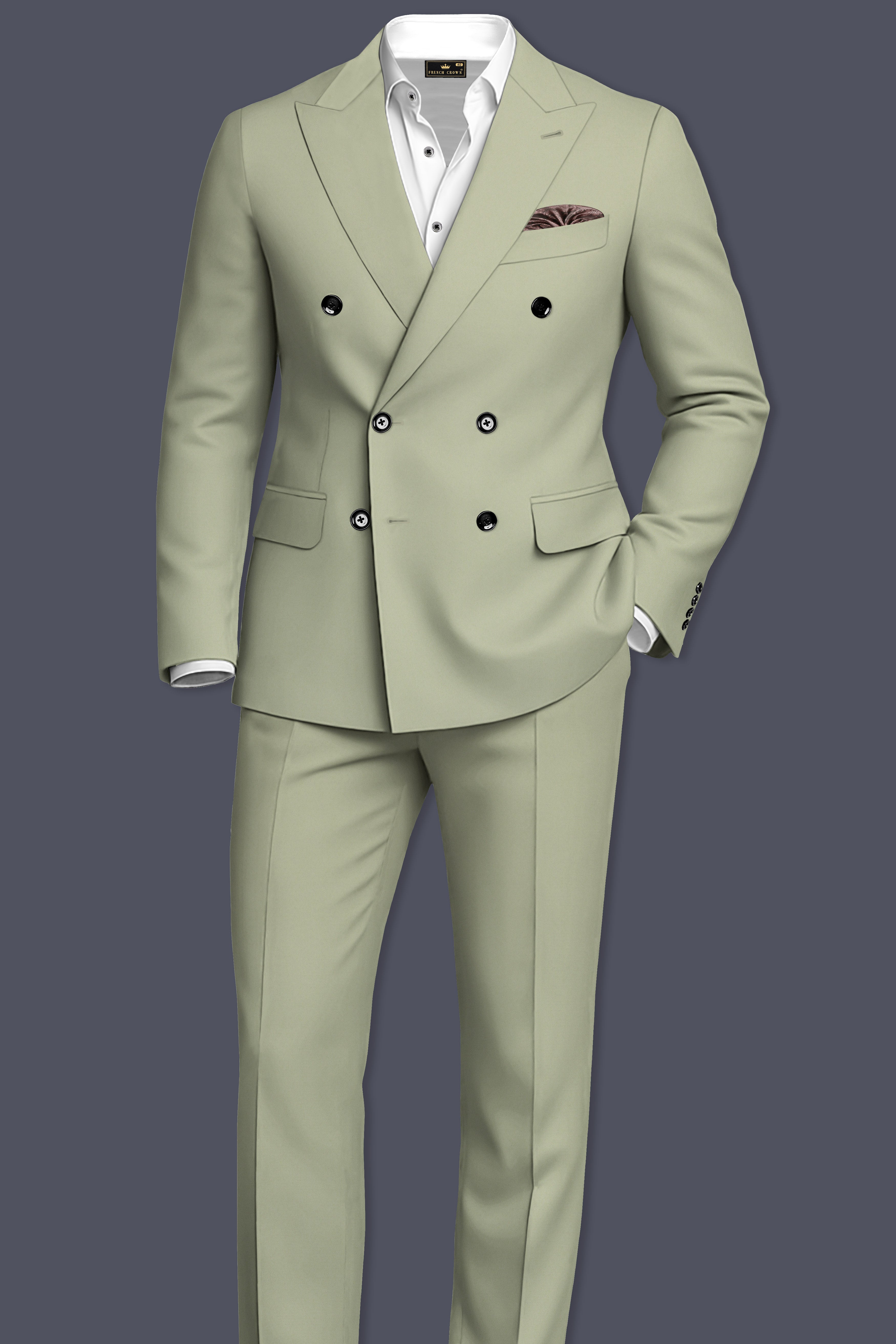 Verdan-Sage Green Slight Stretch Subtle Sheen Poly-Viscose Double Breasted Blazer