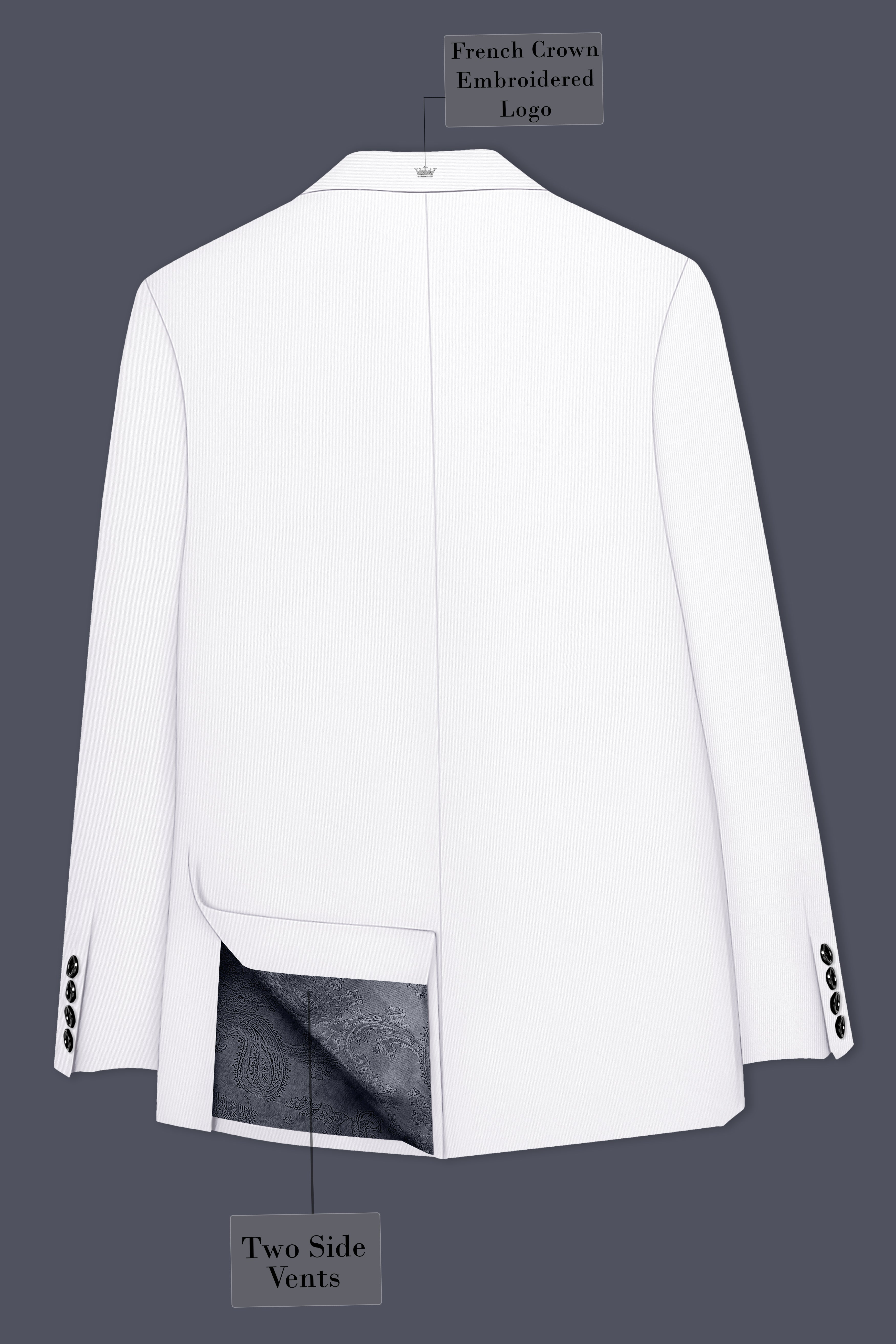 Aurello-Bright White Slight Stretch Subtle Sheen Poly-Viscose Double Breasted Blazer