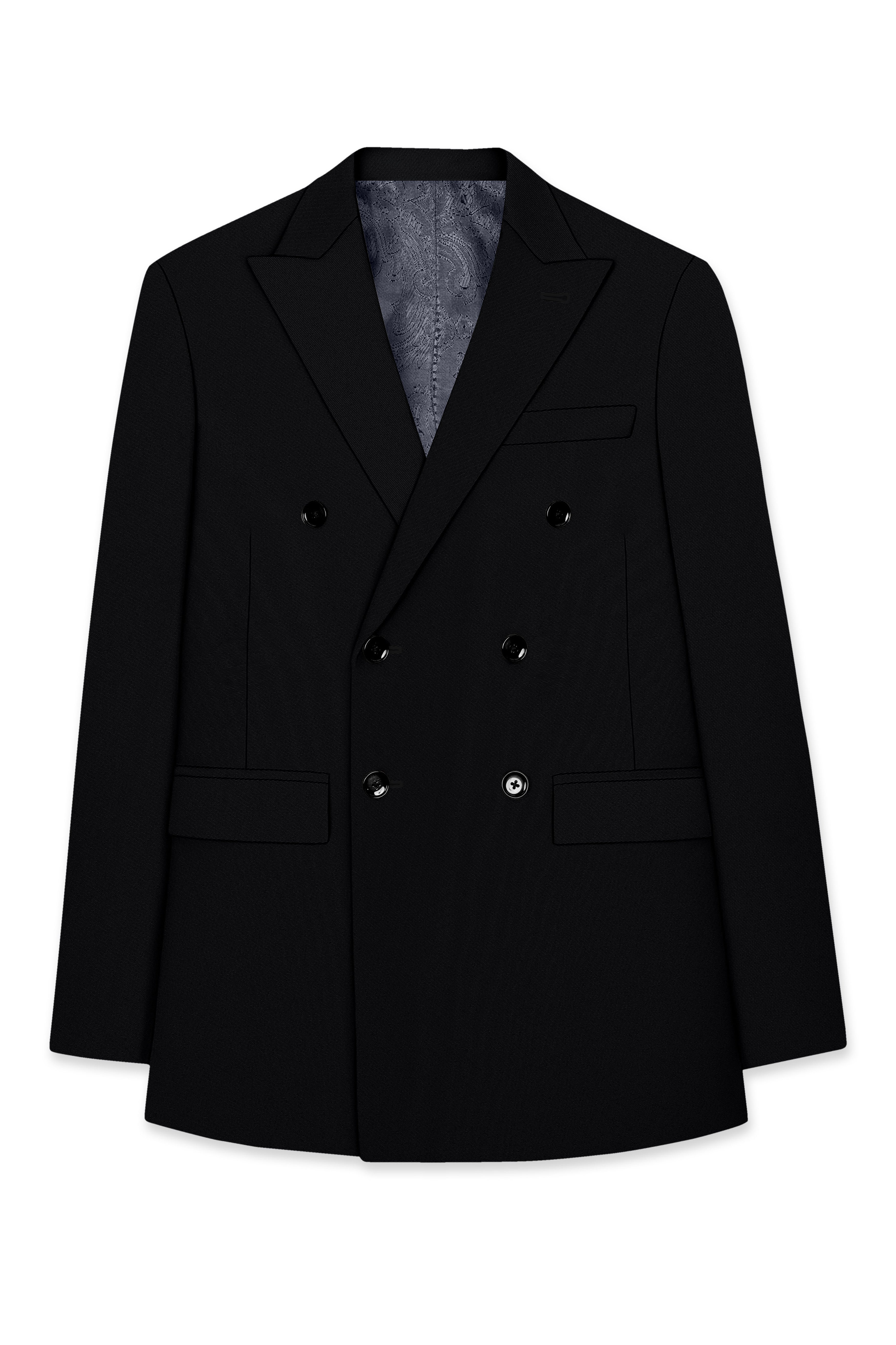 Obsidar-Jade Black Slight Stretch Subtle Sheen Poly-Viscose Double Breasted Blazer