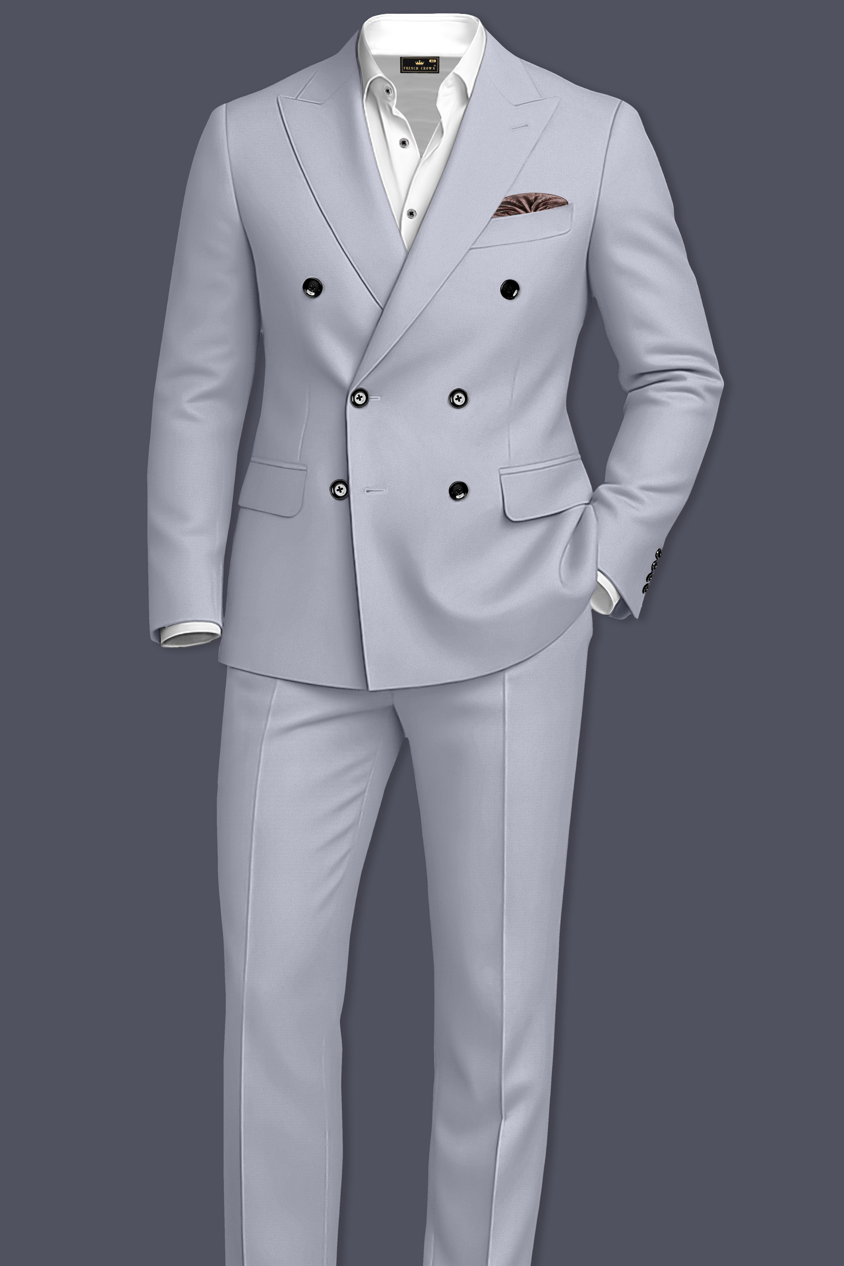 Ashvaro-Manatee Gray Slight Stretch Subtle Sheen Poly-Viscose Double Breasted Blazer