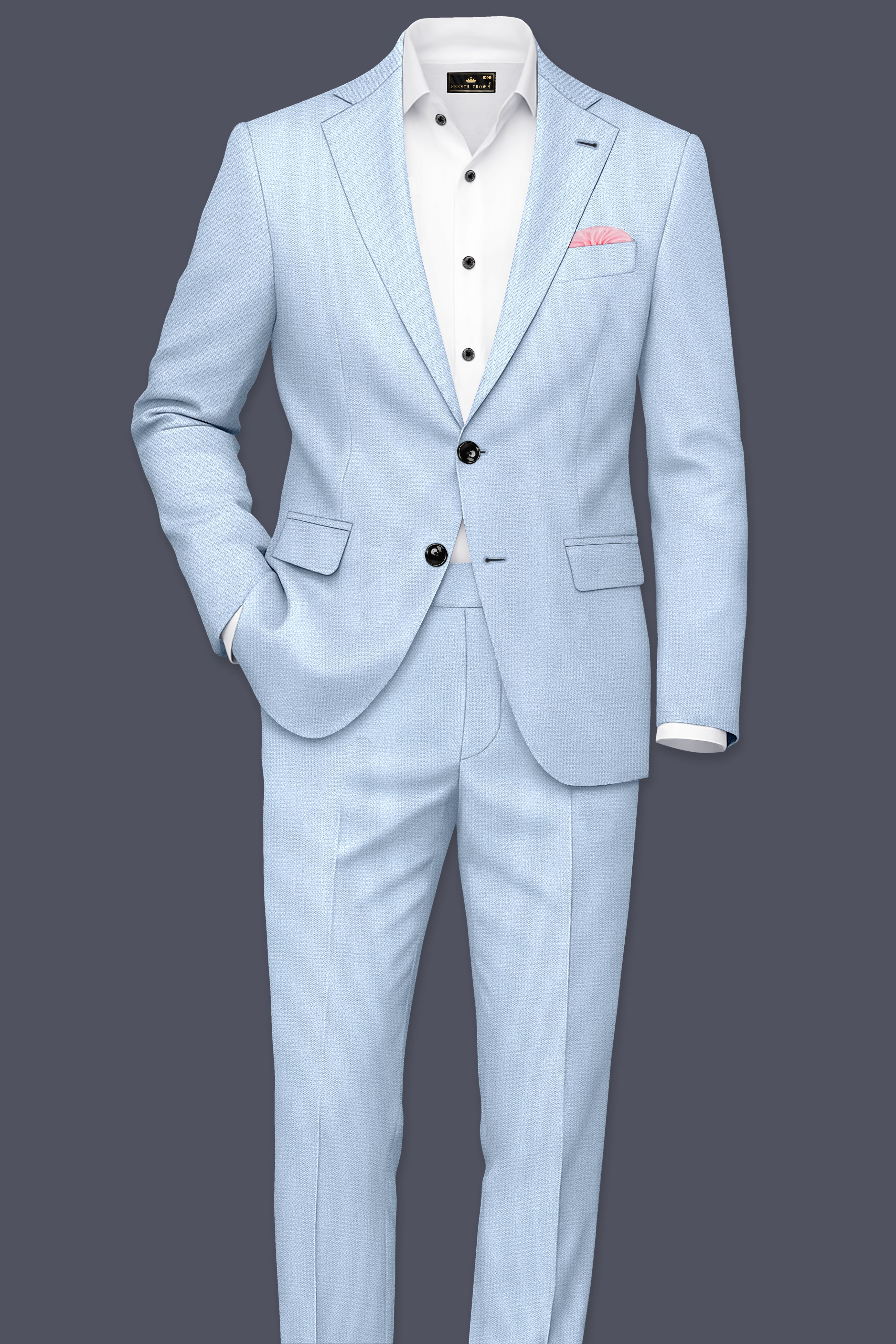 Azure-Heather Blue Diamond Textured Wool Rich Slight Stretch Single Breasted Blazer