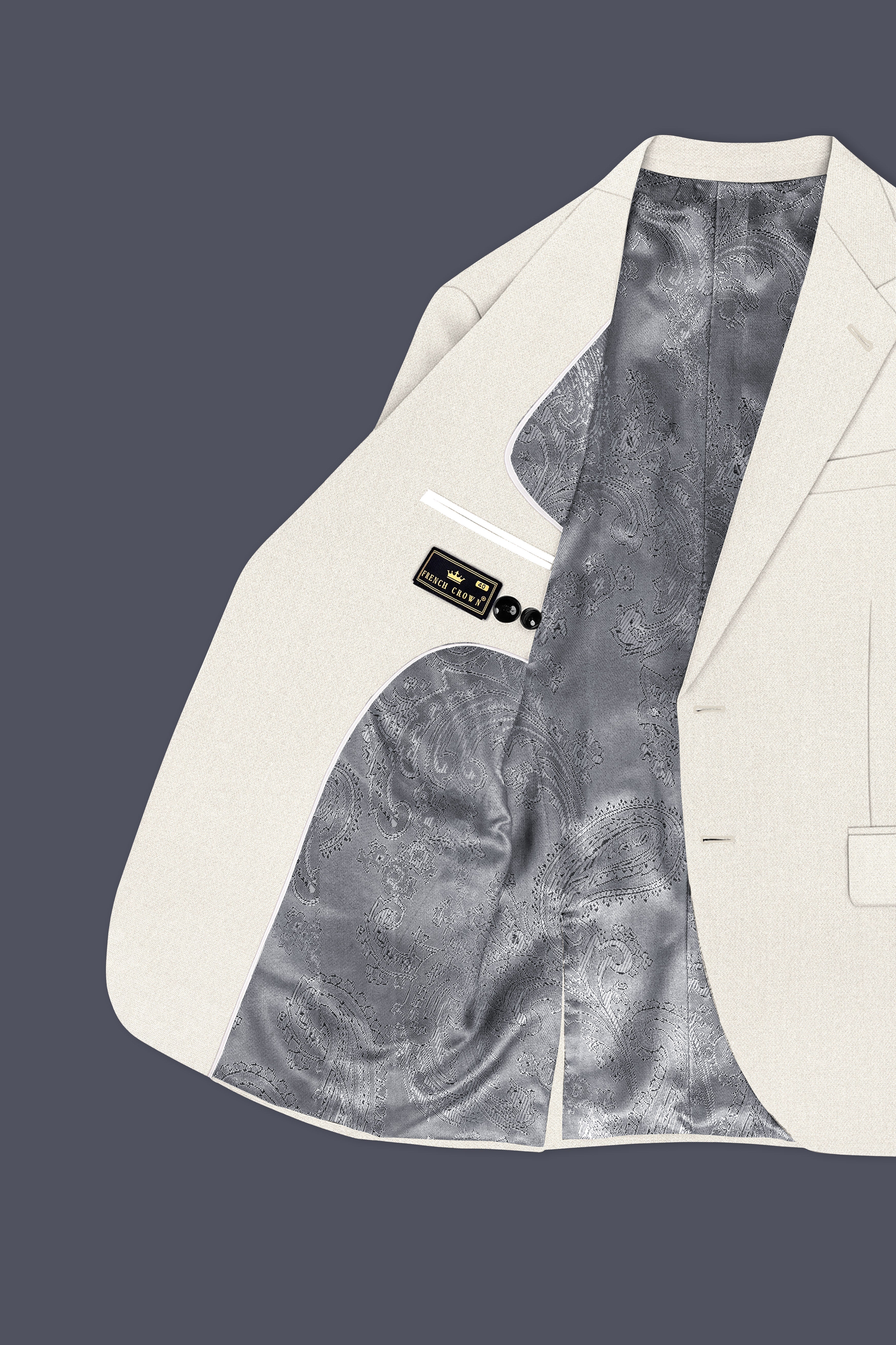 Ecru-Merino Off White Diamond Textured Wool Rich Slight Stretch Single Breasted Blazer