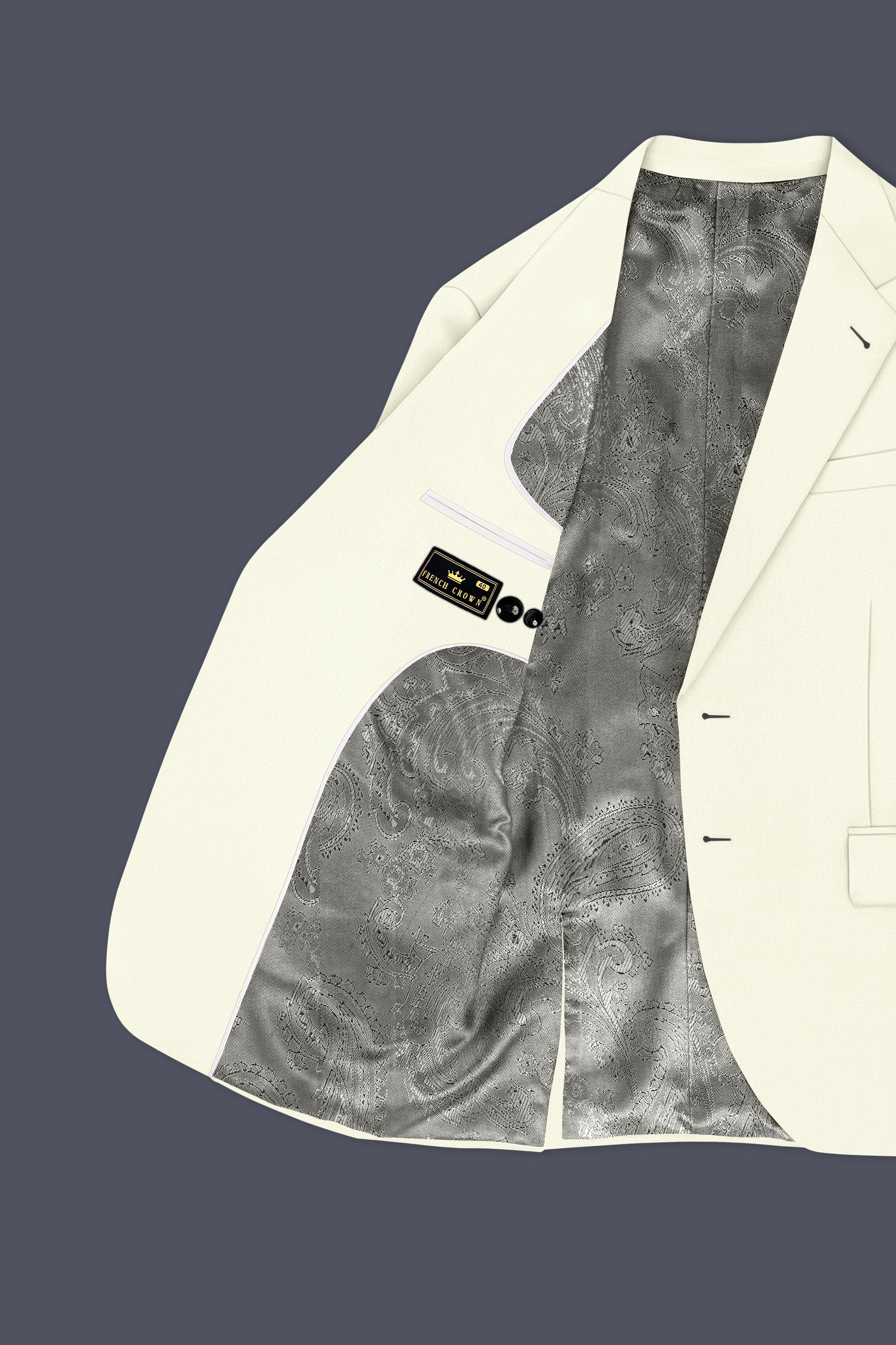 Ecru-Merino Off White Diamond Textured Wool Rich Slight Stretch Single Breasted Blazer